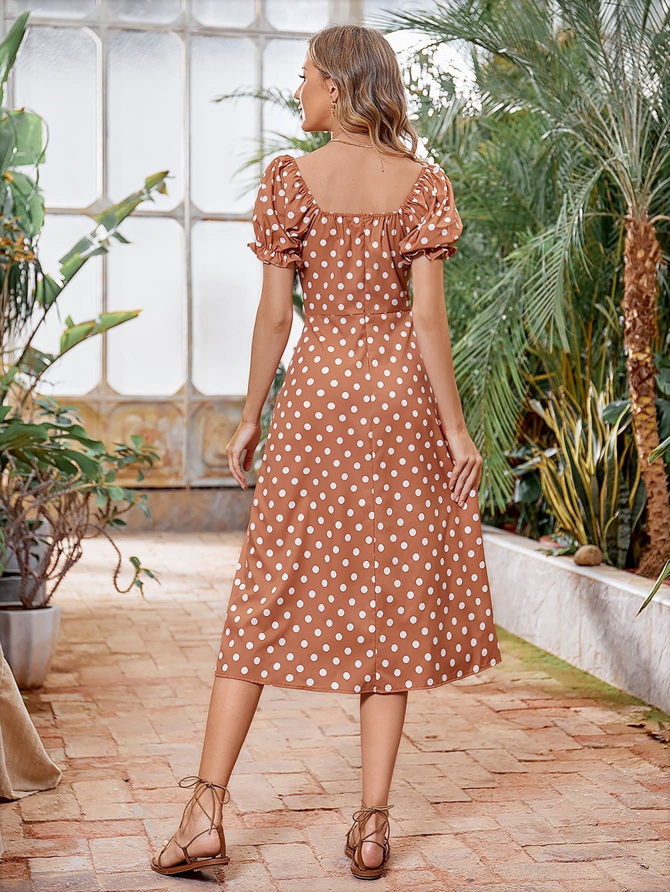 Polka Dot Flounce Sleeve Square Neck Ruched Bust Split Thigh Dress