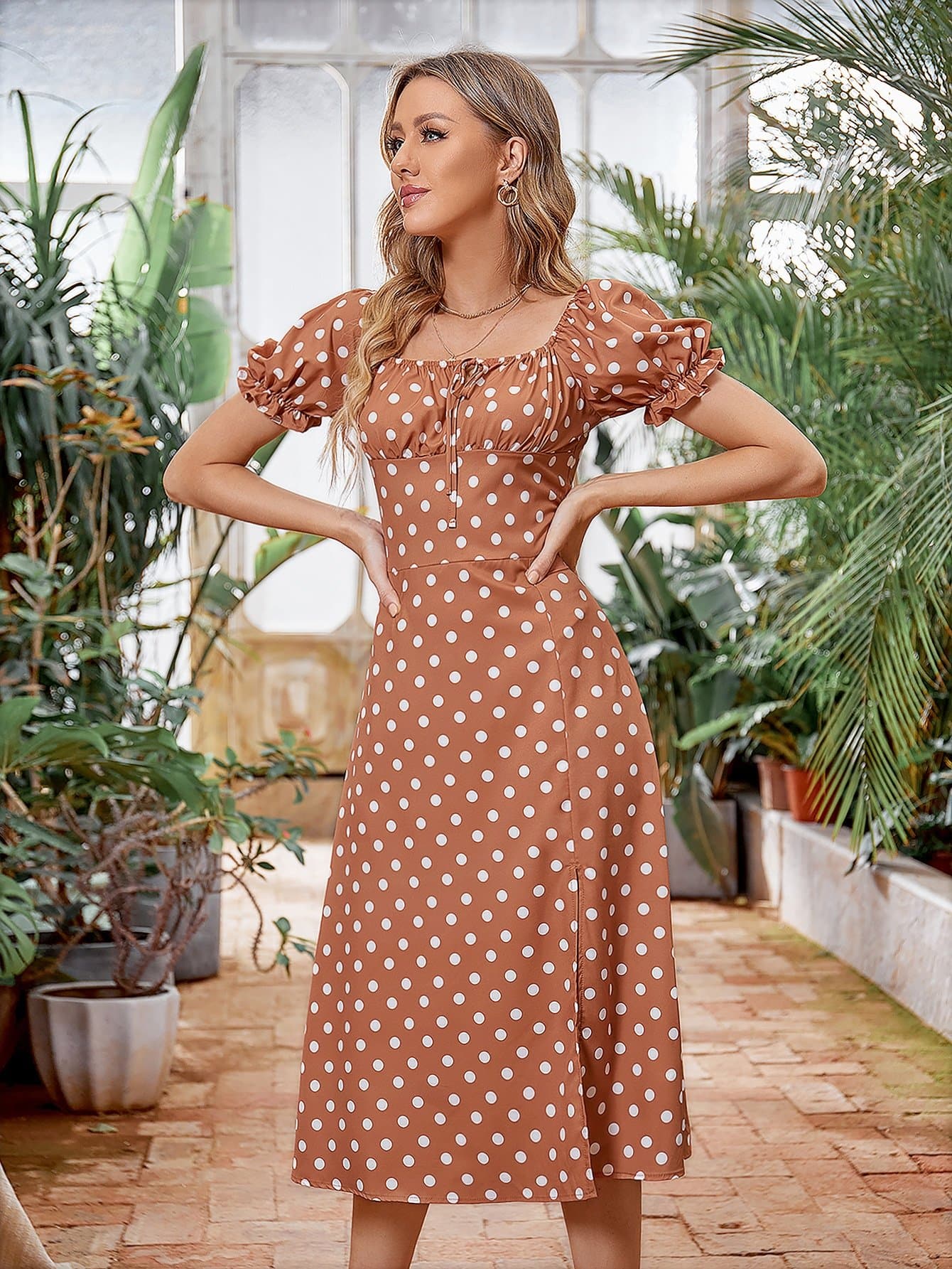 Polka Dot Flounce Sleeve Square Neck Ruched Bust Split Thigh Dress