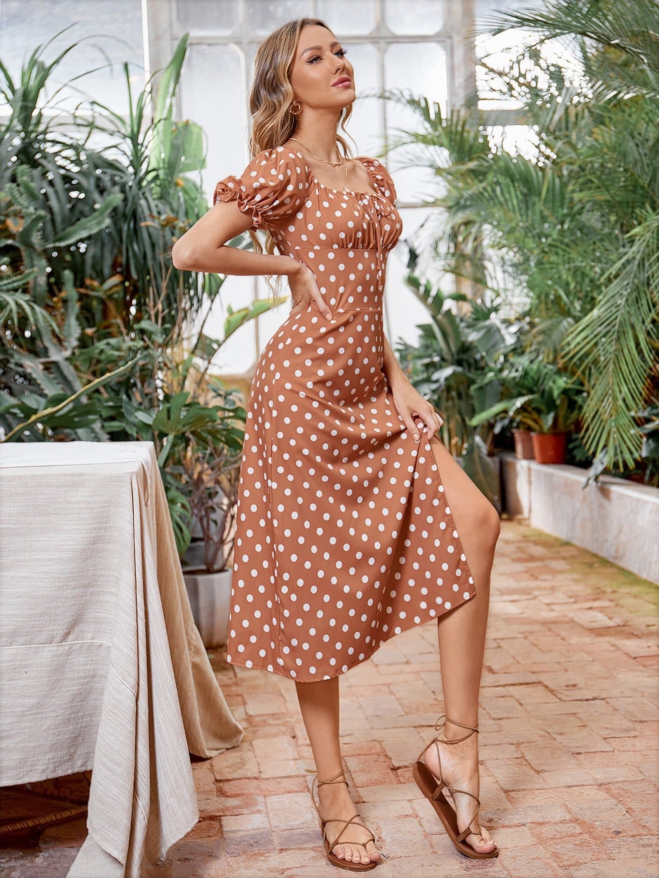 Polka Dot Flounce Sleeve Square Neck Ruched Bust Split Thigh Dress
