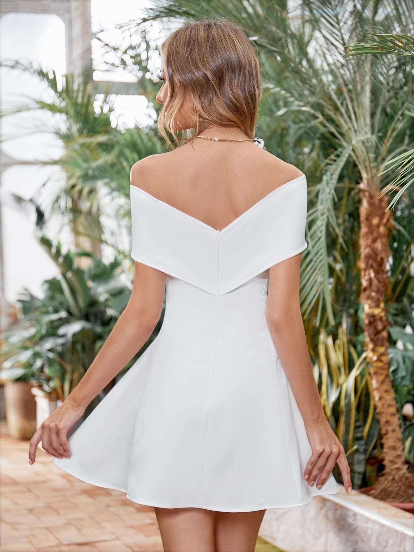 White Off-shoulder Short Sleeve Crossover A-line Dress