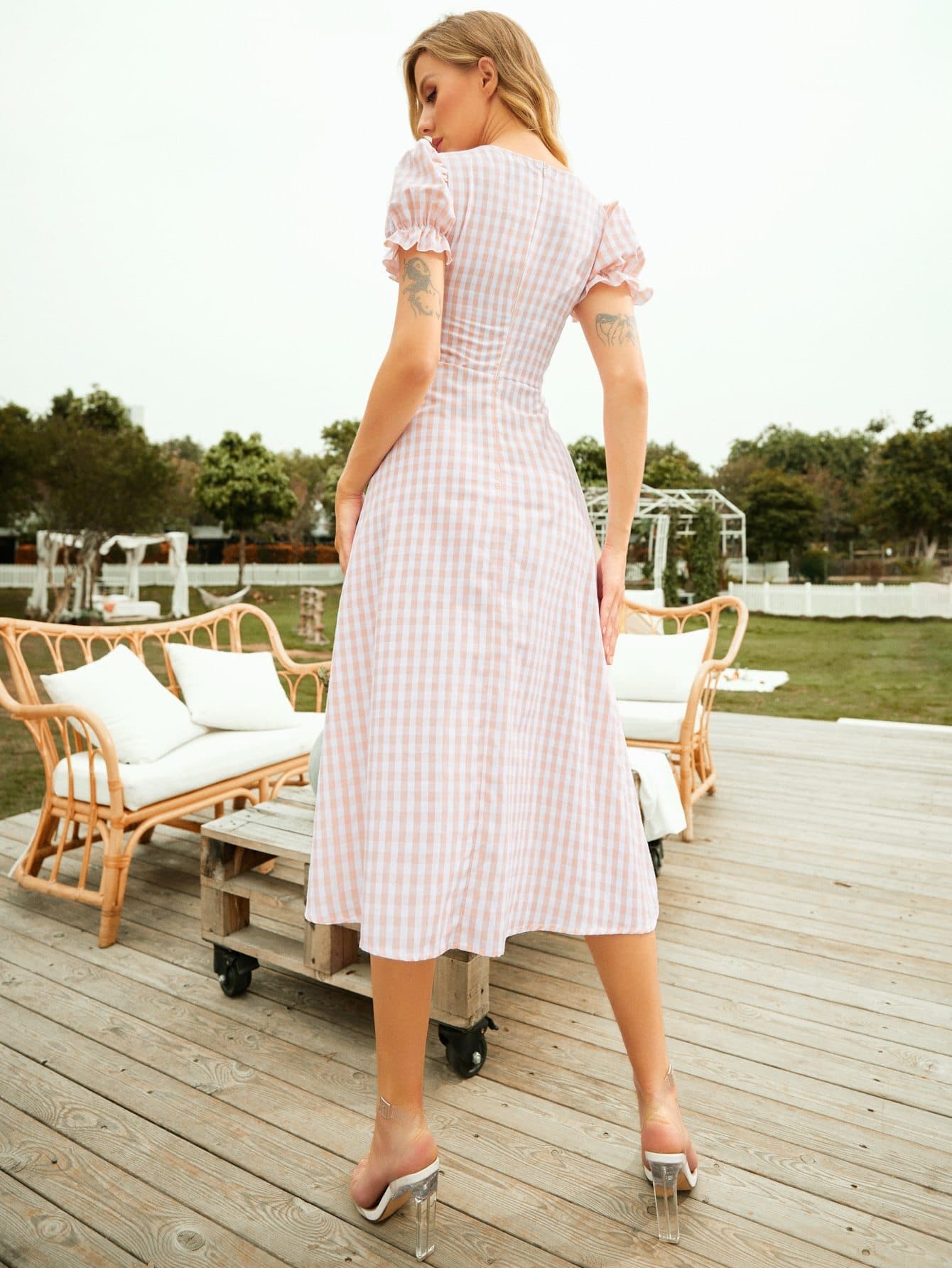 Puff Sleeve Sweetheart Neck Ruched Split Thigh Gingham Dress