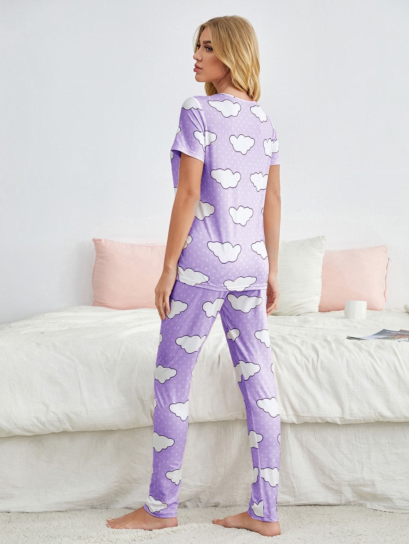 Round Neck Polka Dot And Cloud Print Pajama Sleepwear Set