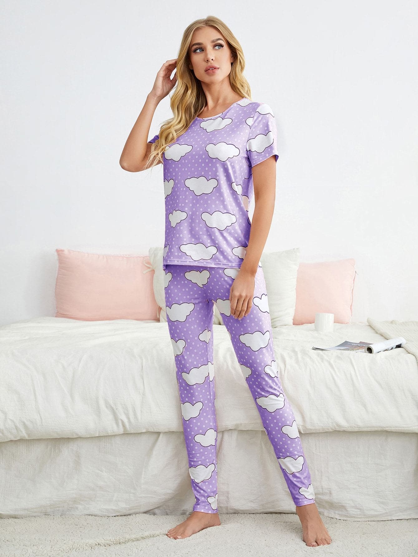 Round Neck Polka Dot And Cloud Print Pajama Sleepwear Set