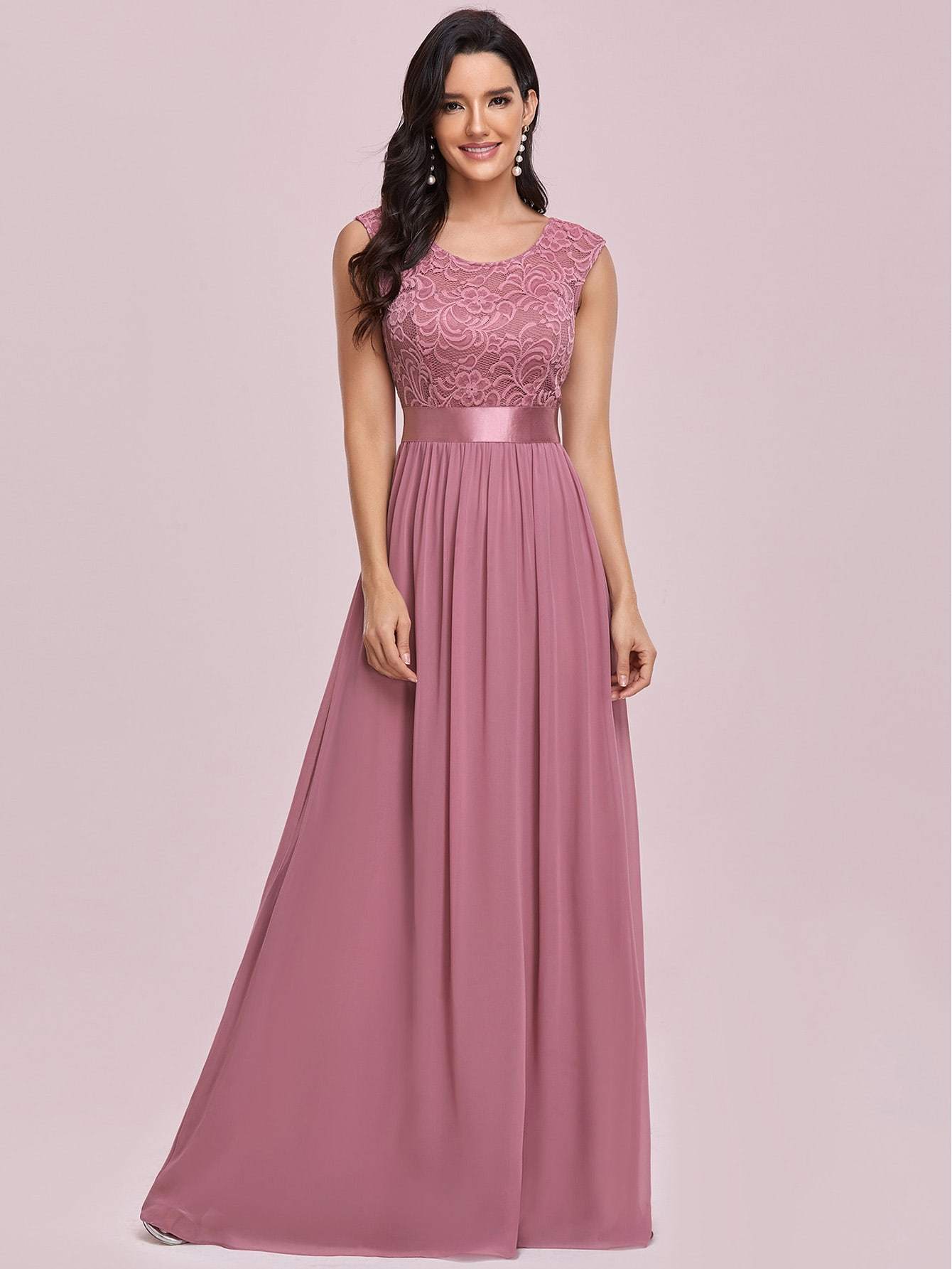 Dusty Pink Scoop Neck Lace Detail Maxi Prom Dress