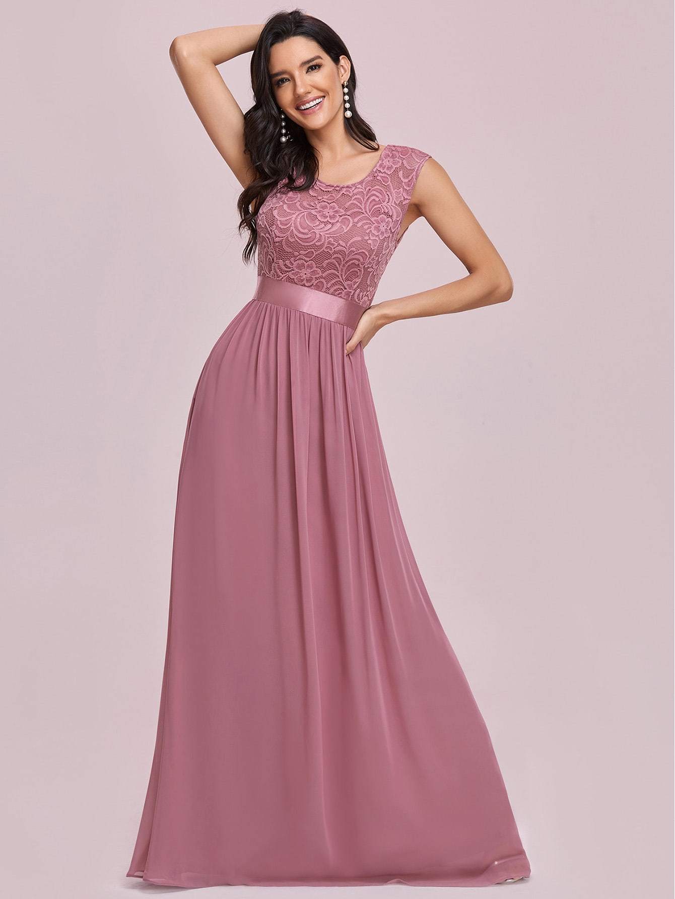 Dusty Pink Scoop Neck Lace Detail Maxi Prom Dress