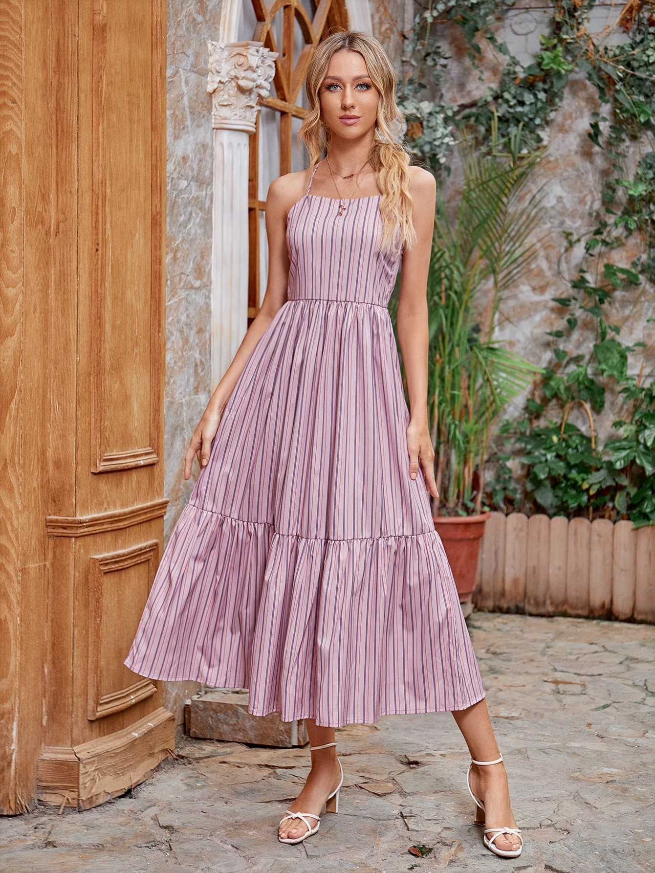 Baby Pink Sleeveless Striped Flounce Hem Cami Dress