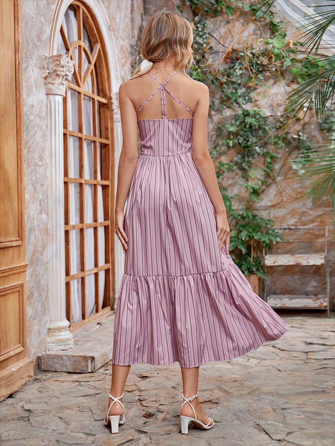 Baby Pink Sleeveless Striped Flounce Hem Cami Dress