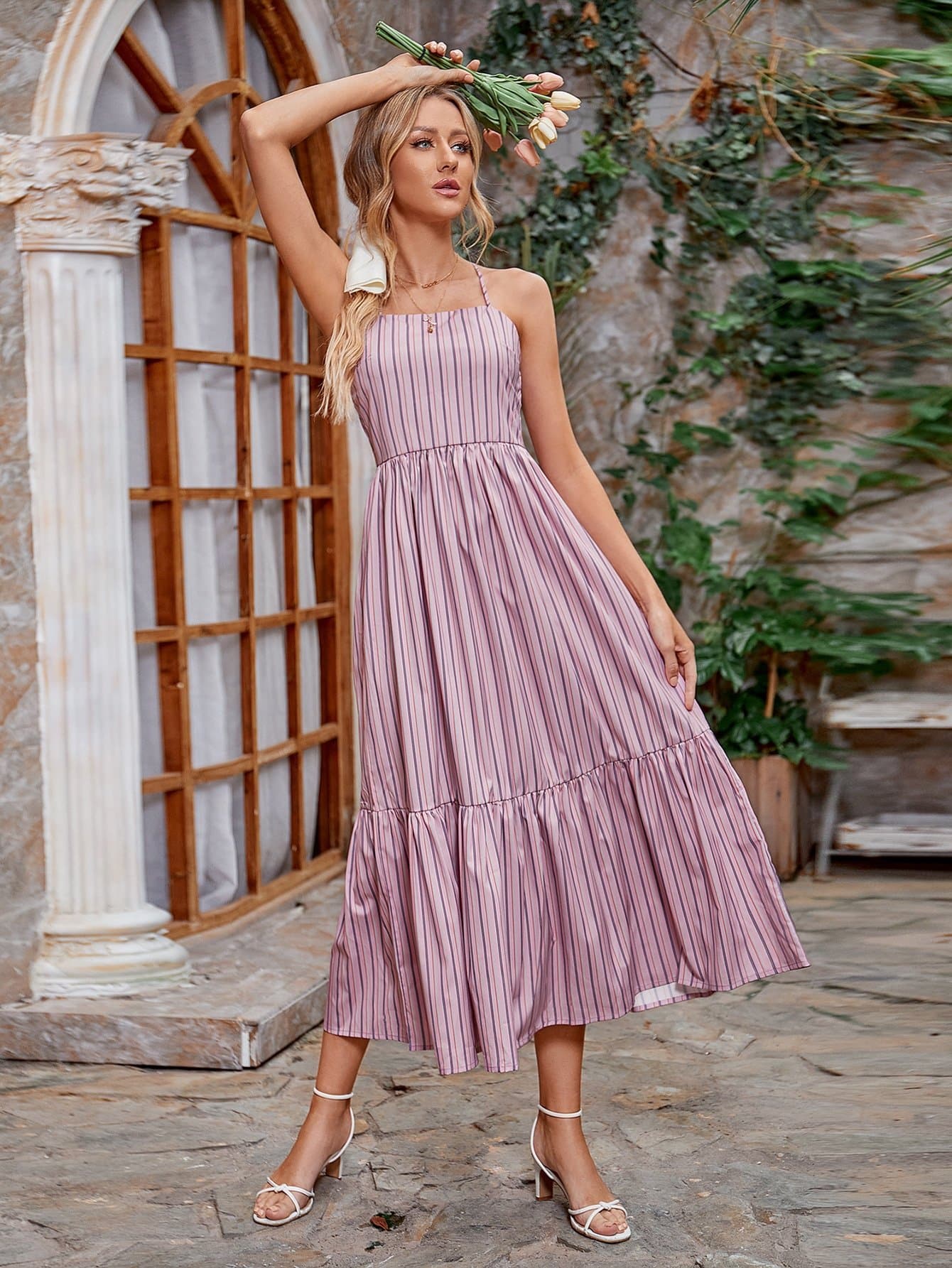 Baby Pink Sleeveless Striped Flounce Hem Cami Dress