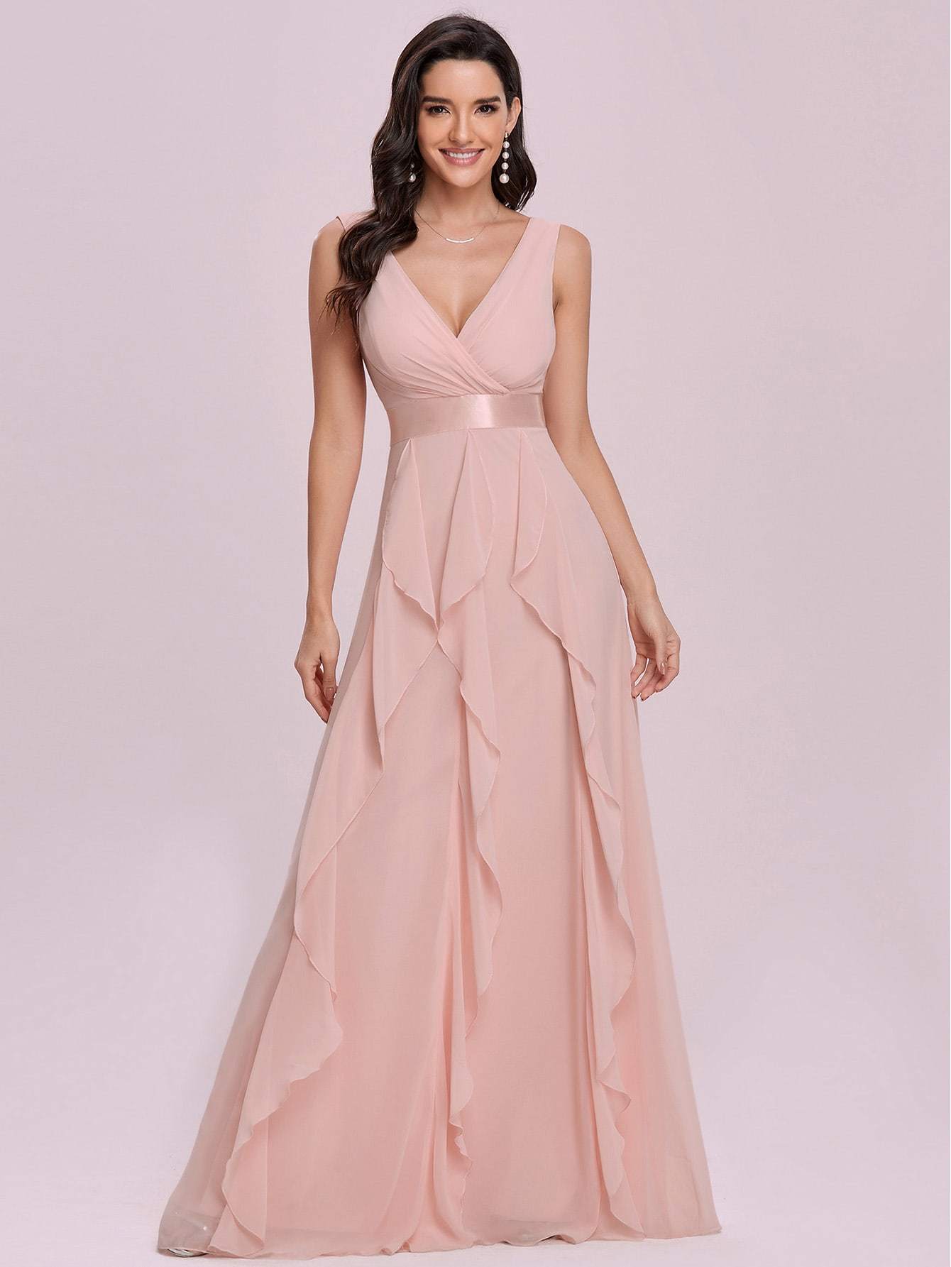 Pink Surplice V-Neck Draped Detail Sleeveless Chiffon Slip Dress