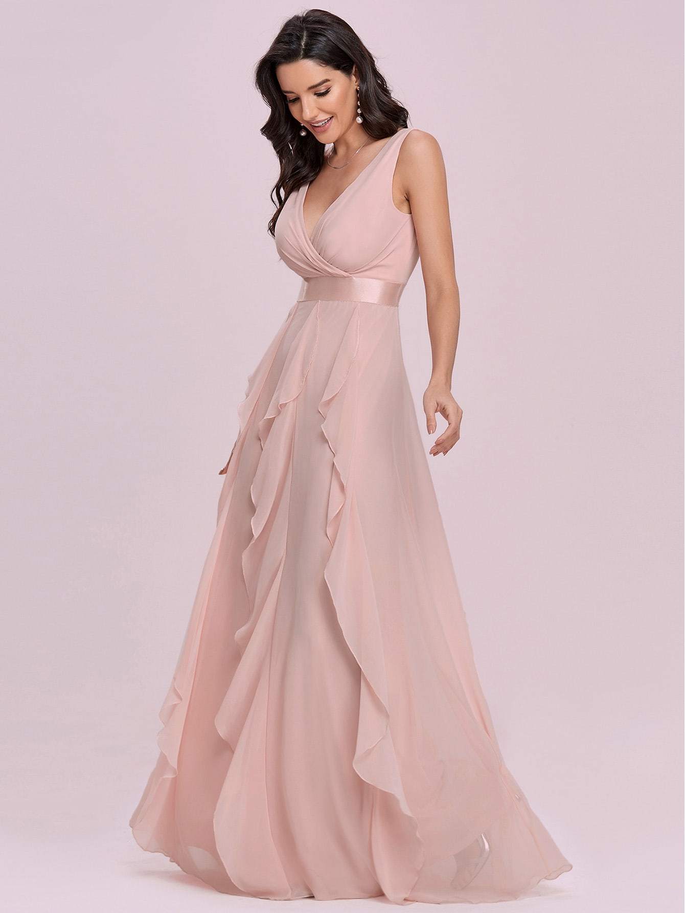 Pink Surplice V-Neck Draped Detail Sleeveless Chiffon Slip Dress