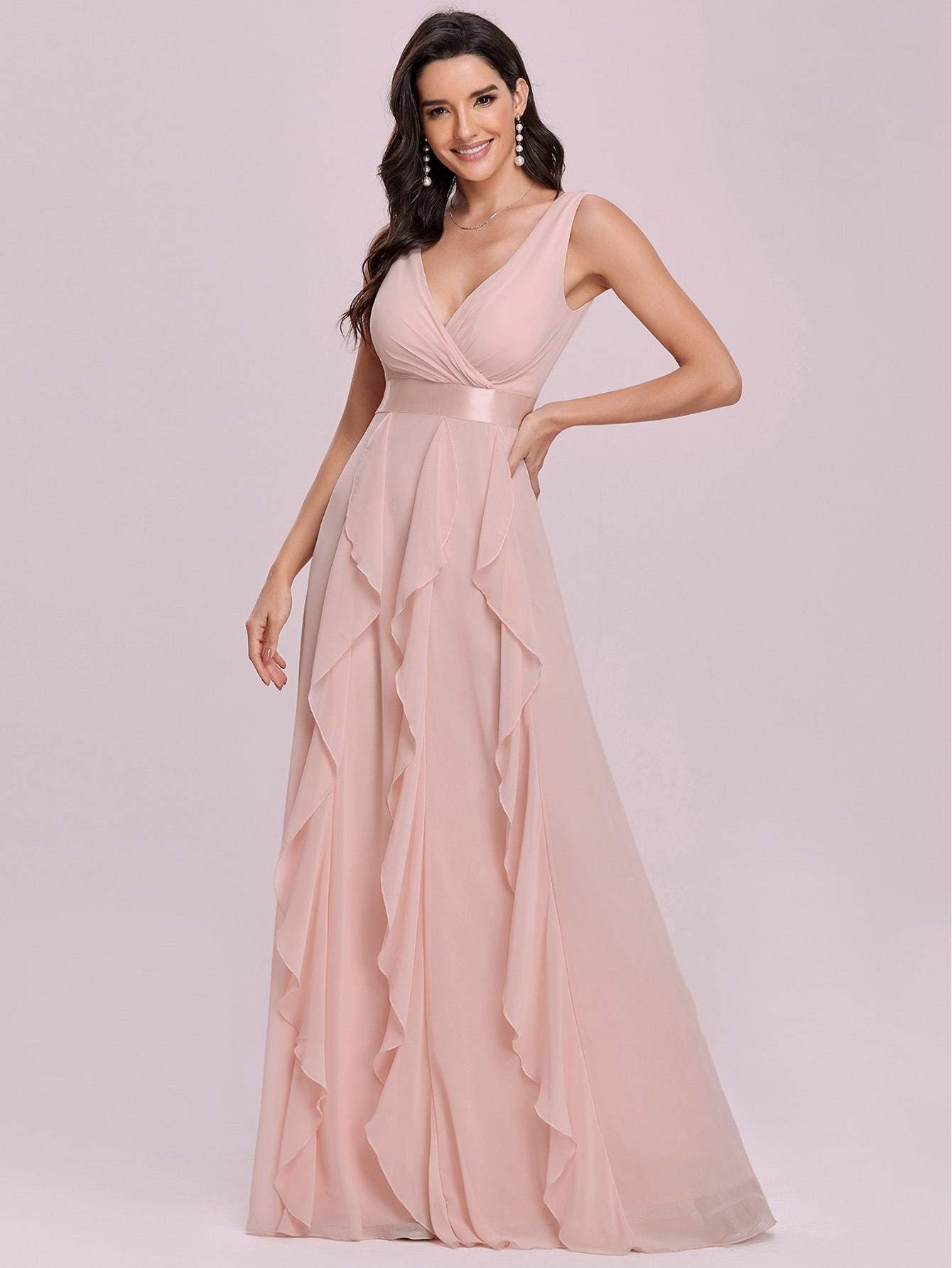 Pink Surplice V-Neck Draped Detail Sleeveless Chiffon Slip Dress