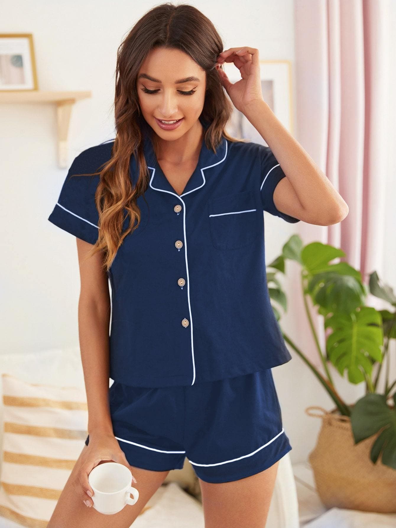 Contrast Binding Button Pocket Front Pyjama Sleepwear Set