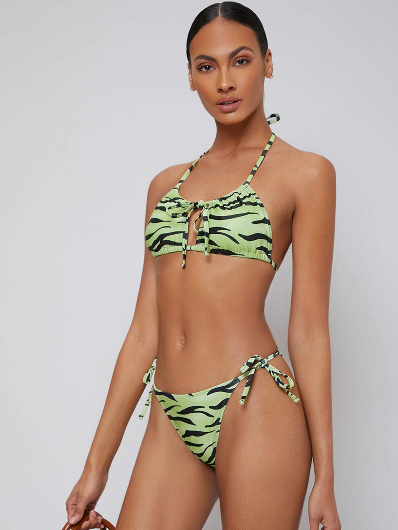 Tie Back Tie Front Zebra Striped Bikini Swimsuit