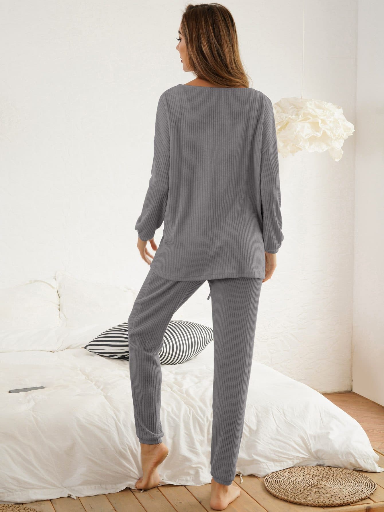 3pcs Scoop Neck Knot Detail Rib-knit Lounge Sleepwear Set