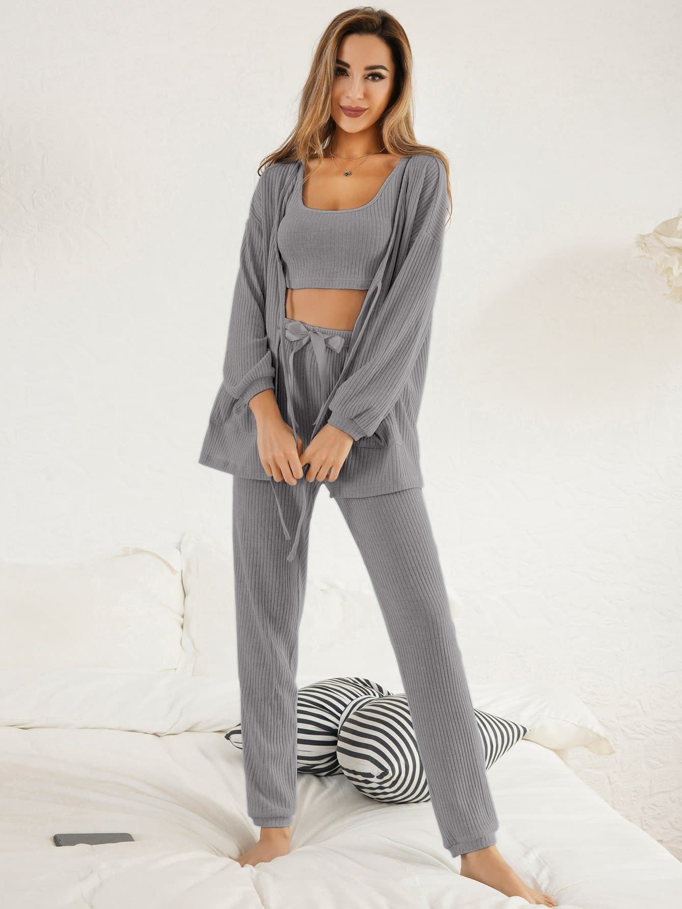 3pcs Scoop Neck Knot Detail Rib-knit Lounge Sleepwear Set
