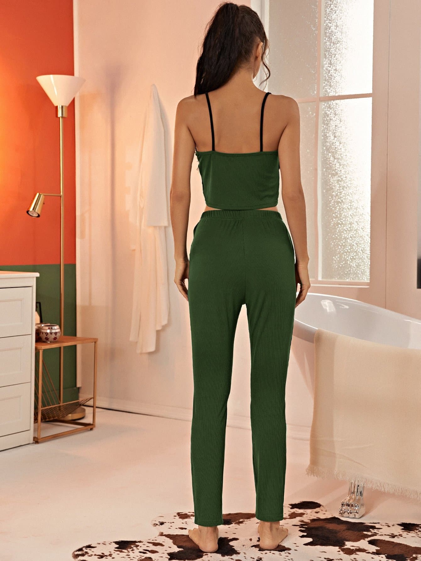 Spaghetti Strap Sleeveless Lace Panel Rib-knit Cami Pyjama Sleepwear Set