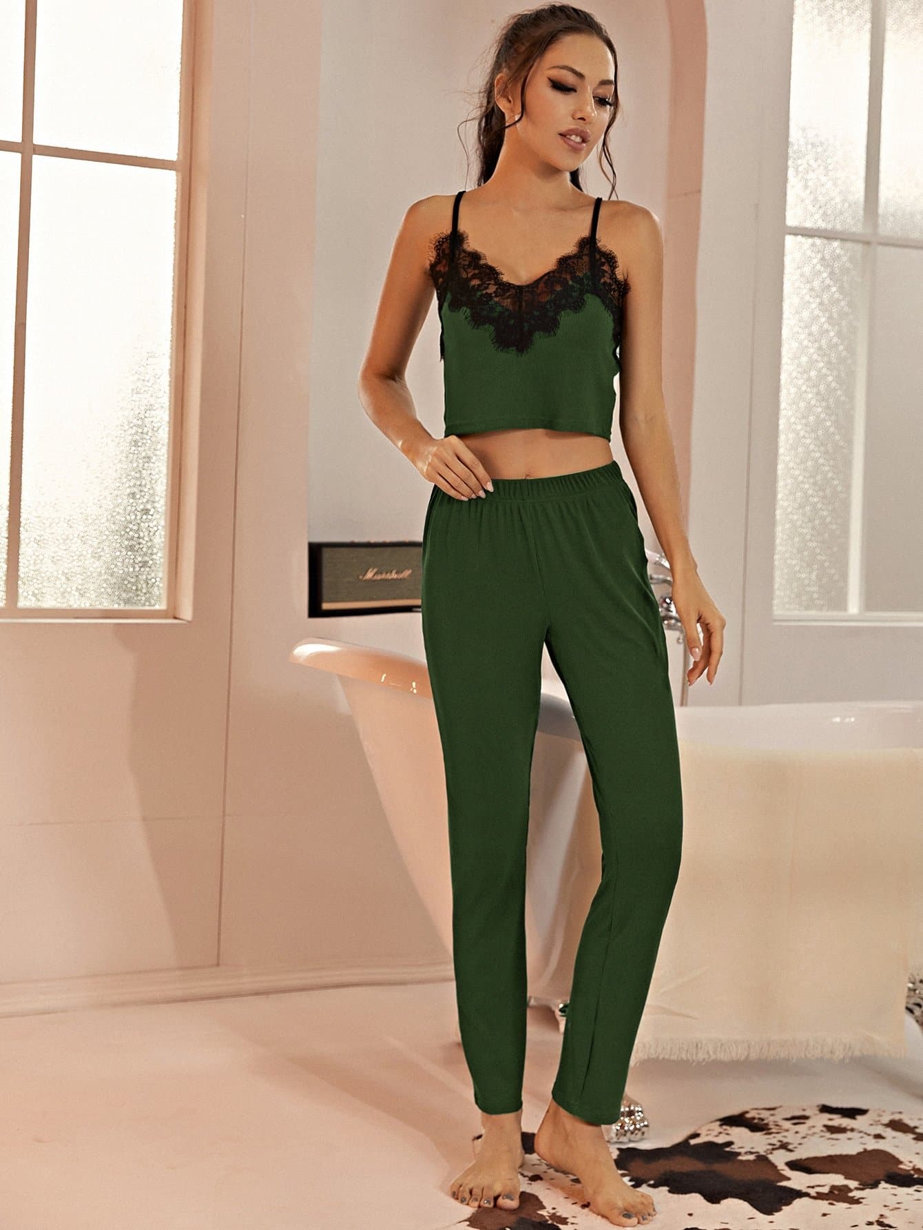 Spaghetti Strap Sleeveless Lace Panel Rib-knit Cami Pyjama Sleepwear Set