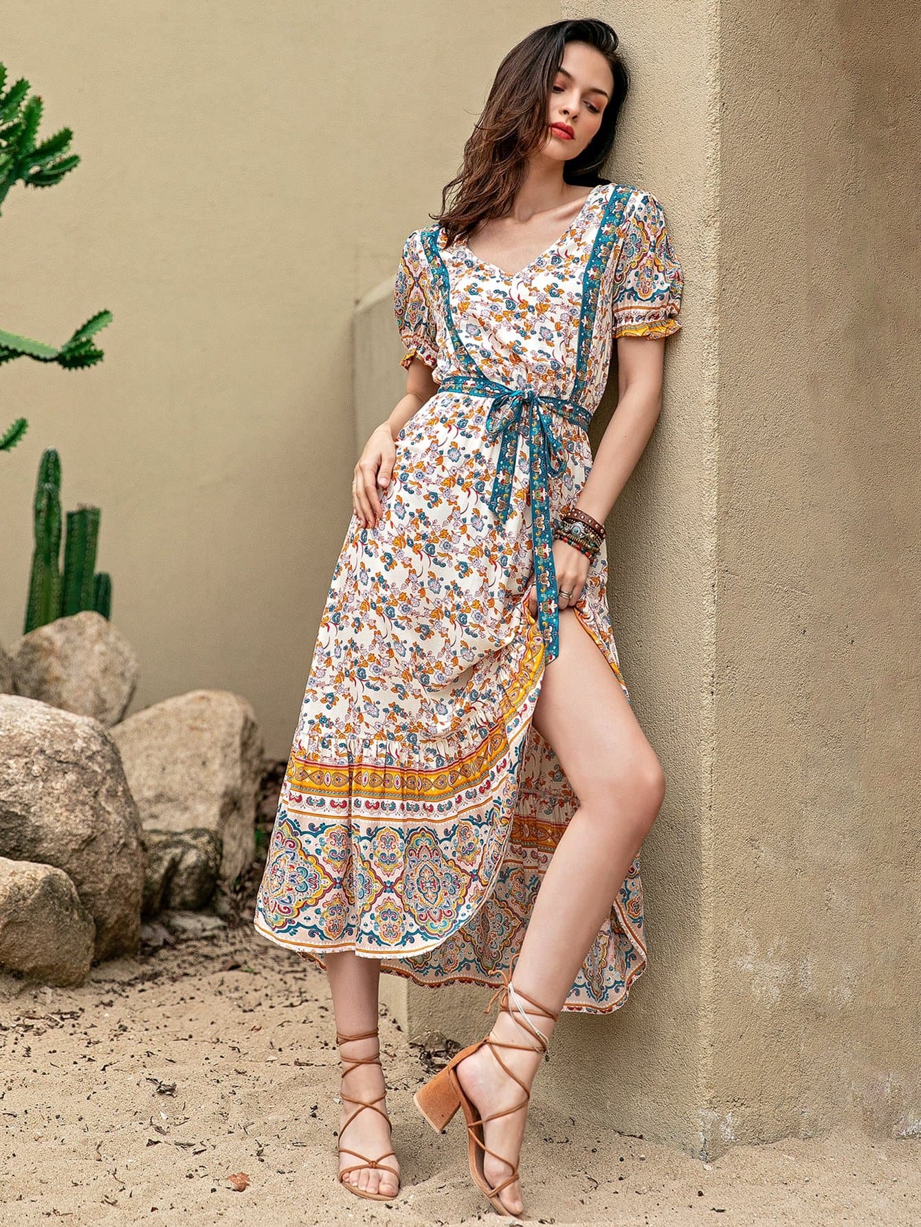 V-neck Puff Sleeve Self Belted Floral High Waist Dress