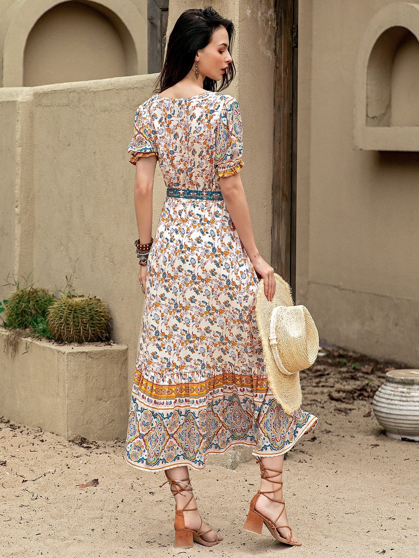 V-neck Puff Sleeve Self Belted Floral High Waist Dress
