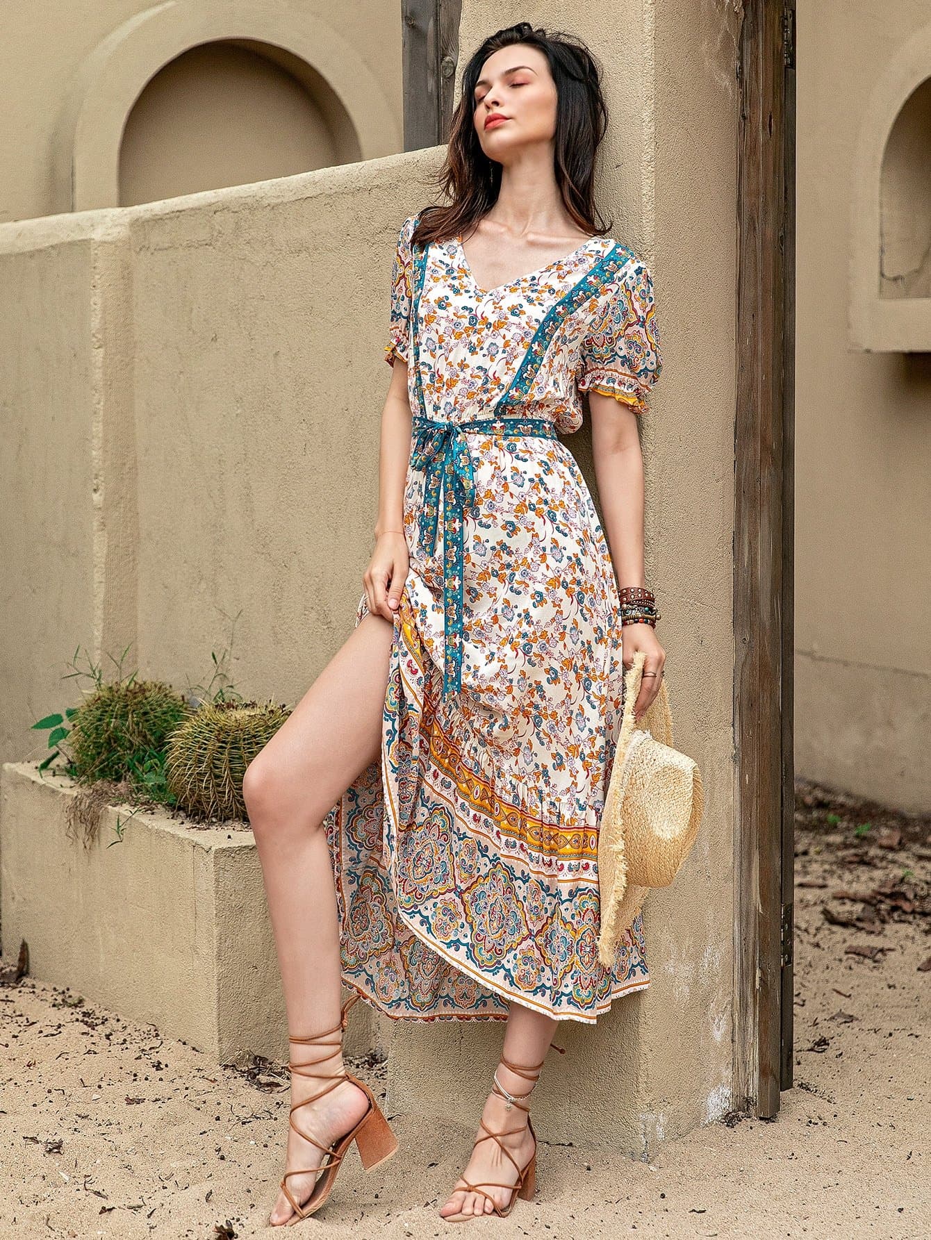 V-neck Puff Sleeve Self Belted Floral High Waist Dress