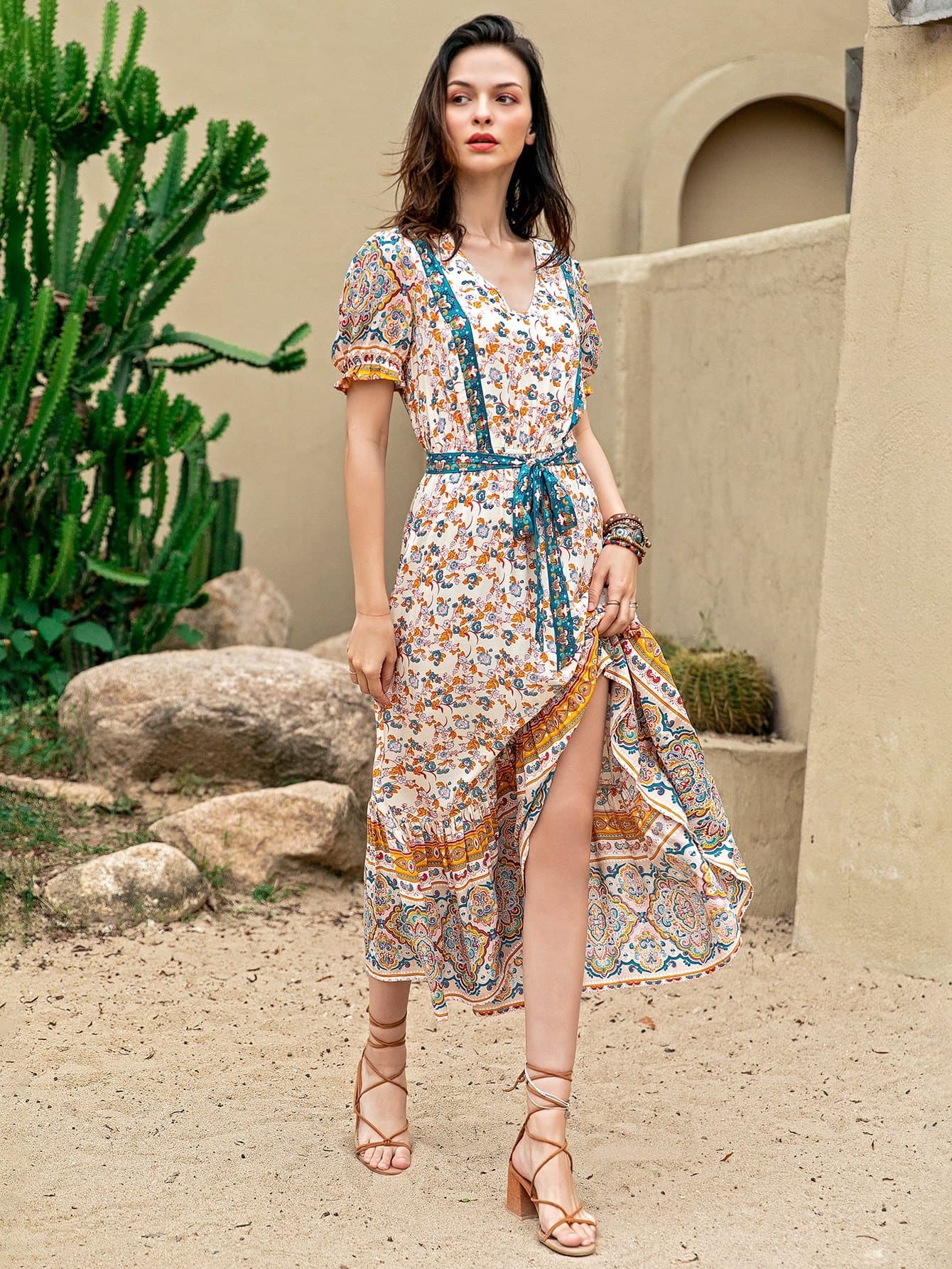 V-neck Puff Sleeve Self Belted Floral High Waist Dress