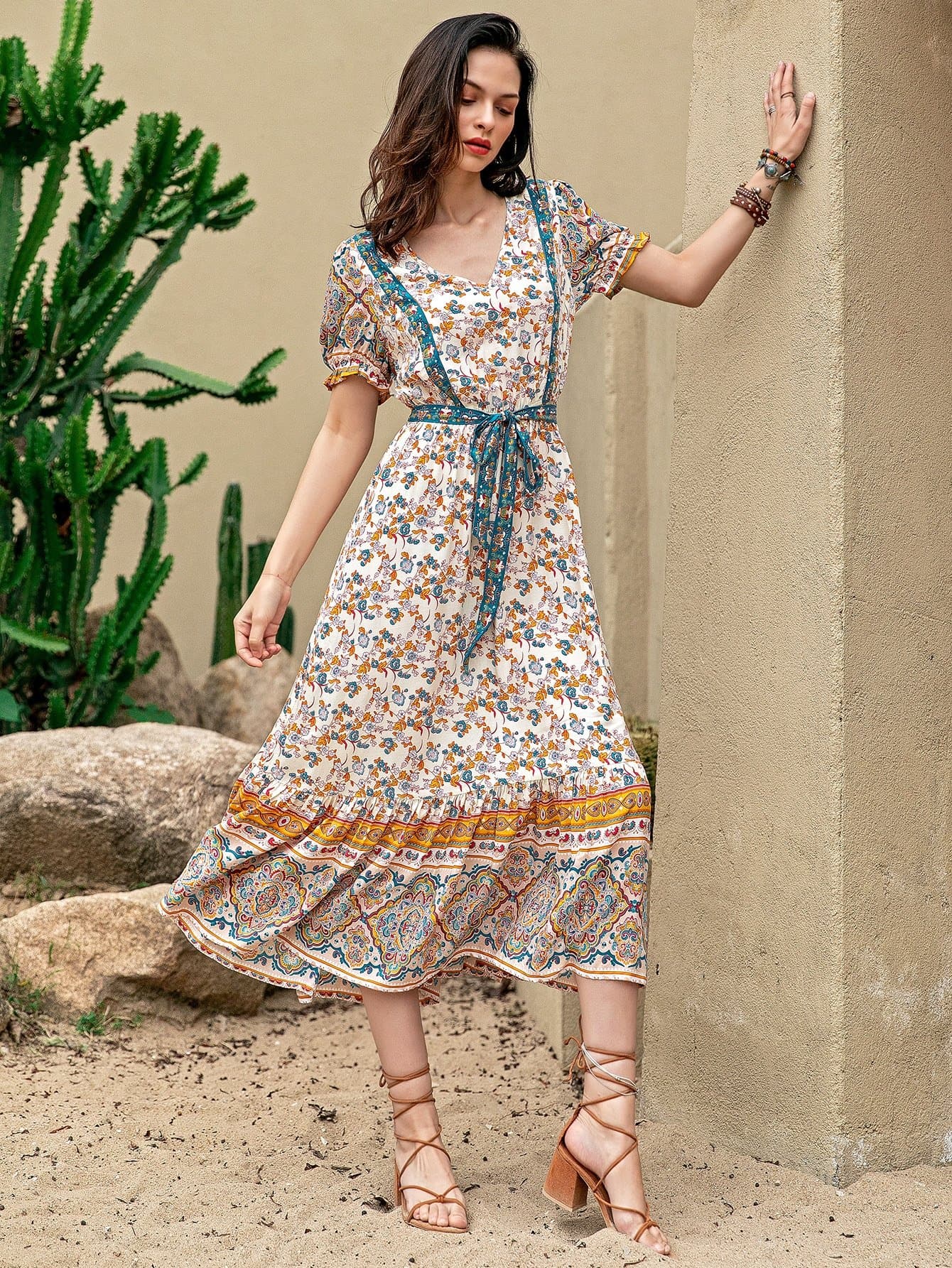 V-neck Puff Sleeve Self Belted Floral High Waist Dress