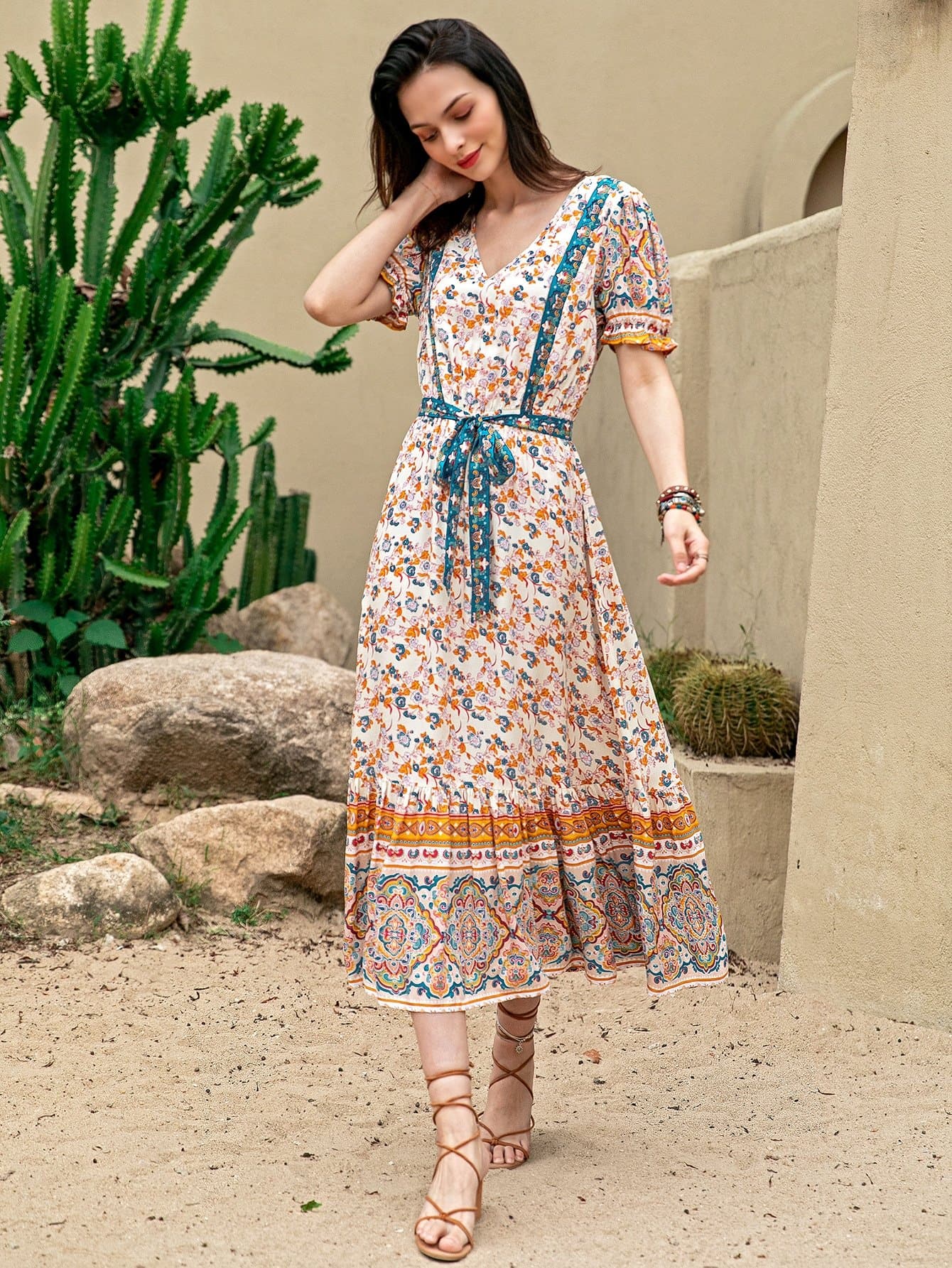 V-neck Puff Sleeve Self Belted Floral High Waist Dress