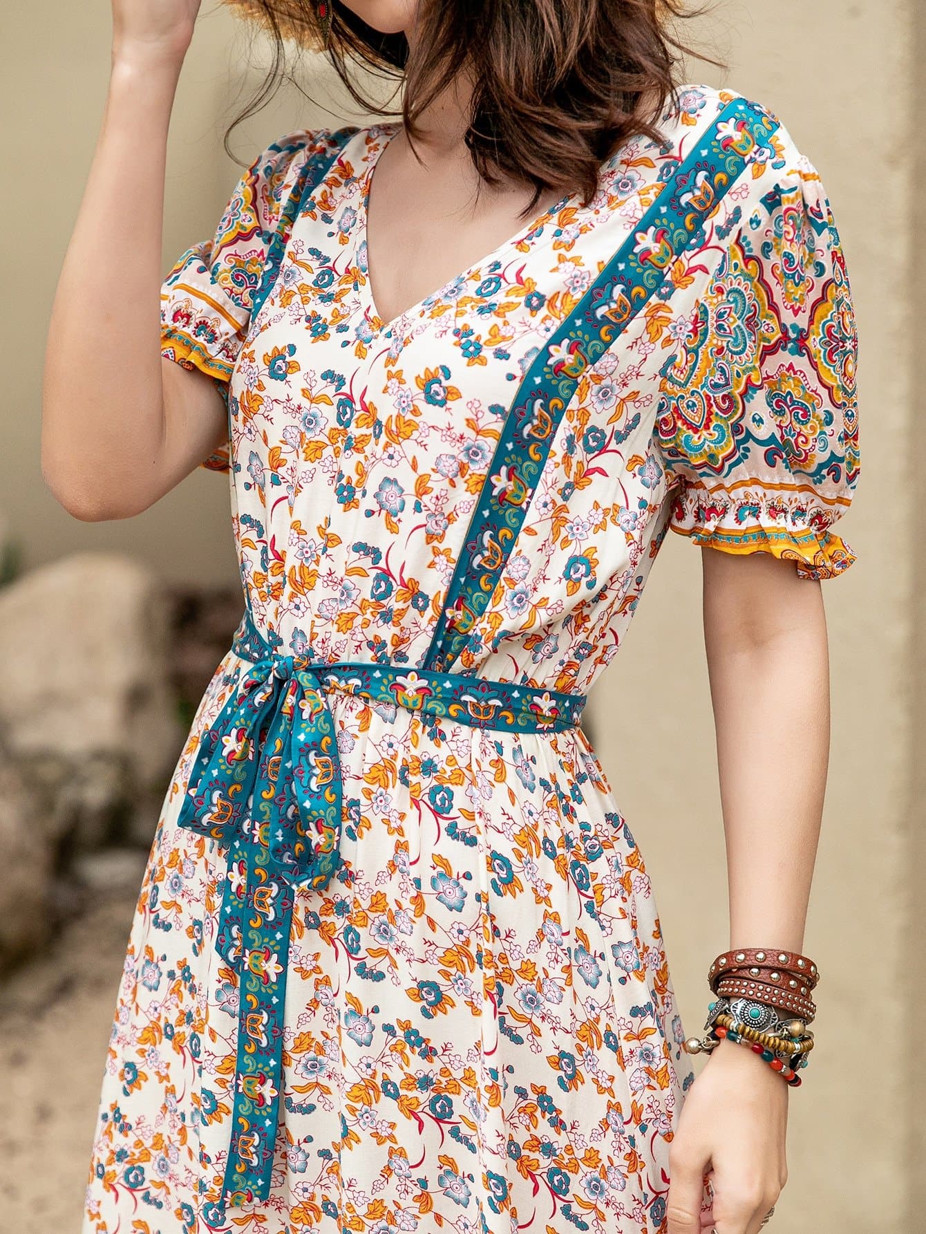 V-neck Puff Sleeve Self Belted Floral High Waist Dress