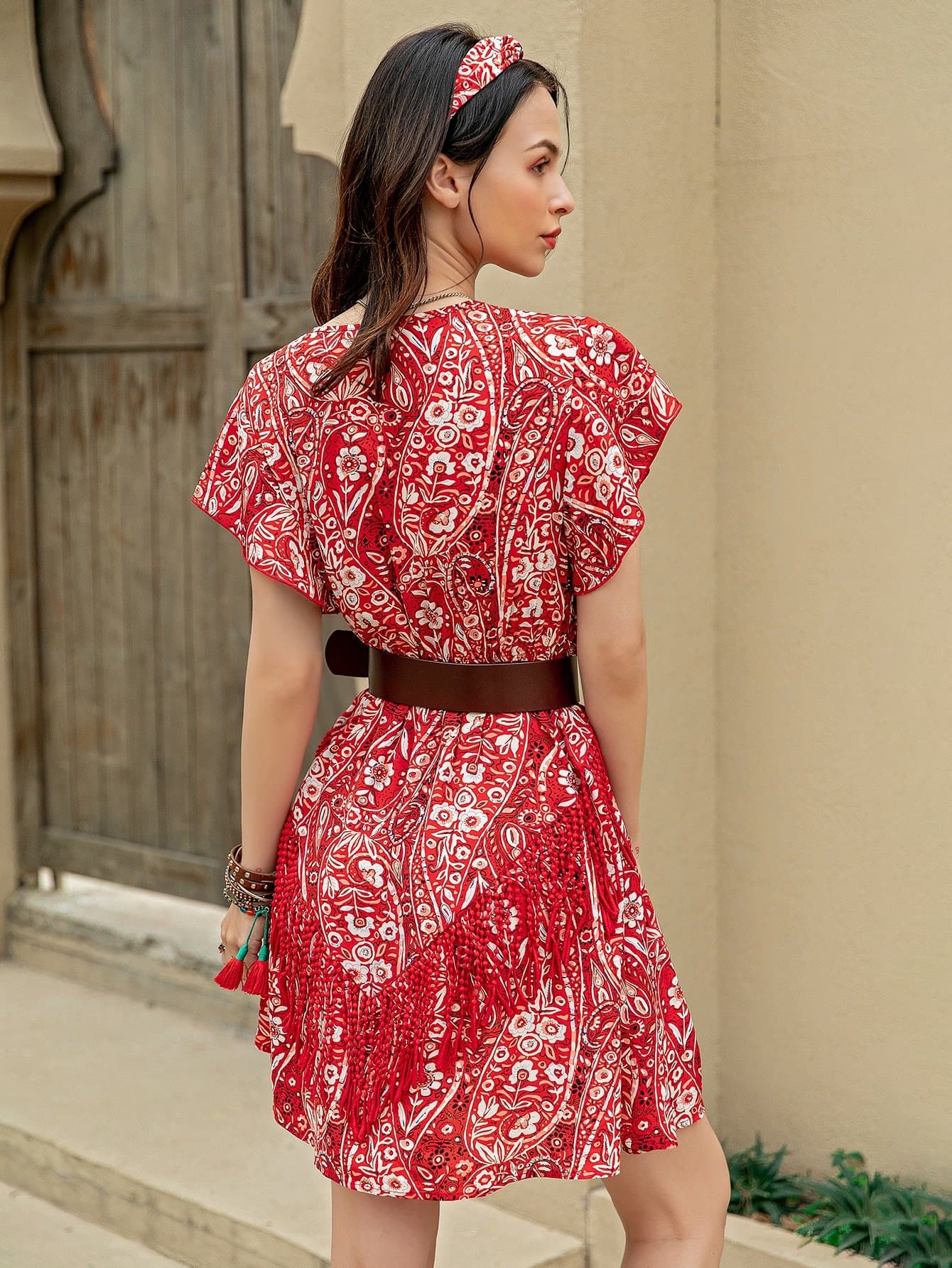 Red White V-Neck Butterfly Sleeve Floral High Waist Dress