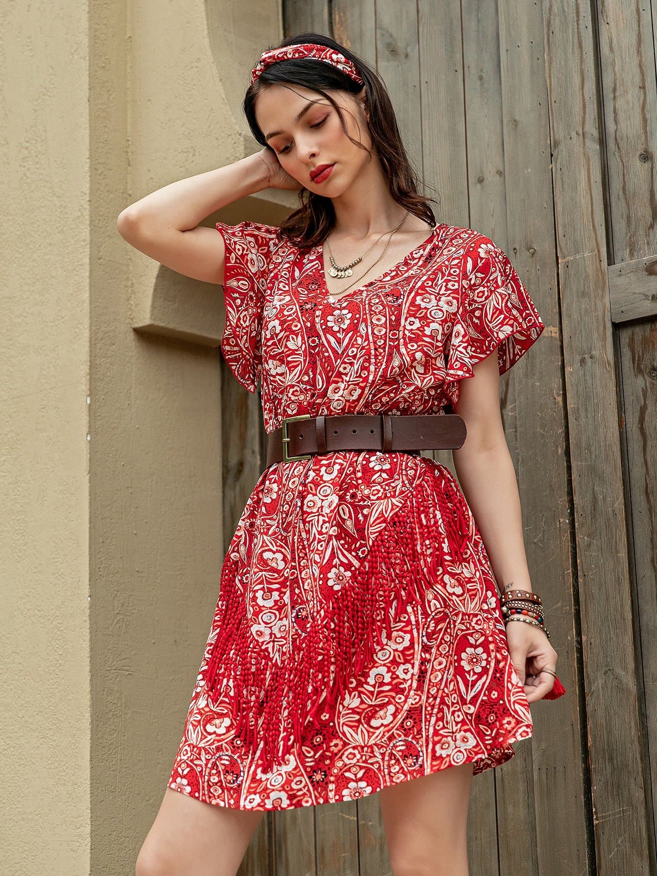 Red White V-Neck Butterfly Sleeve Floral High Waist Dress