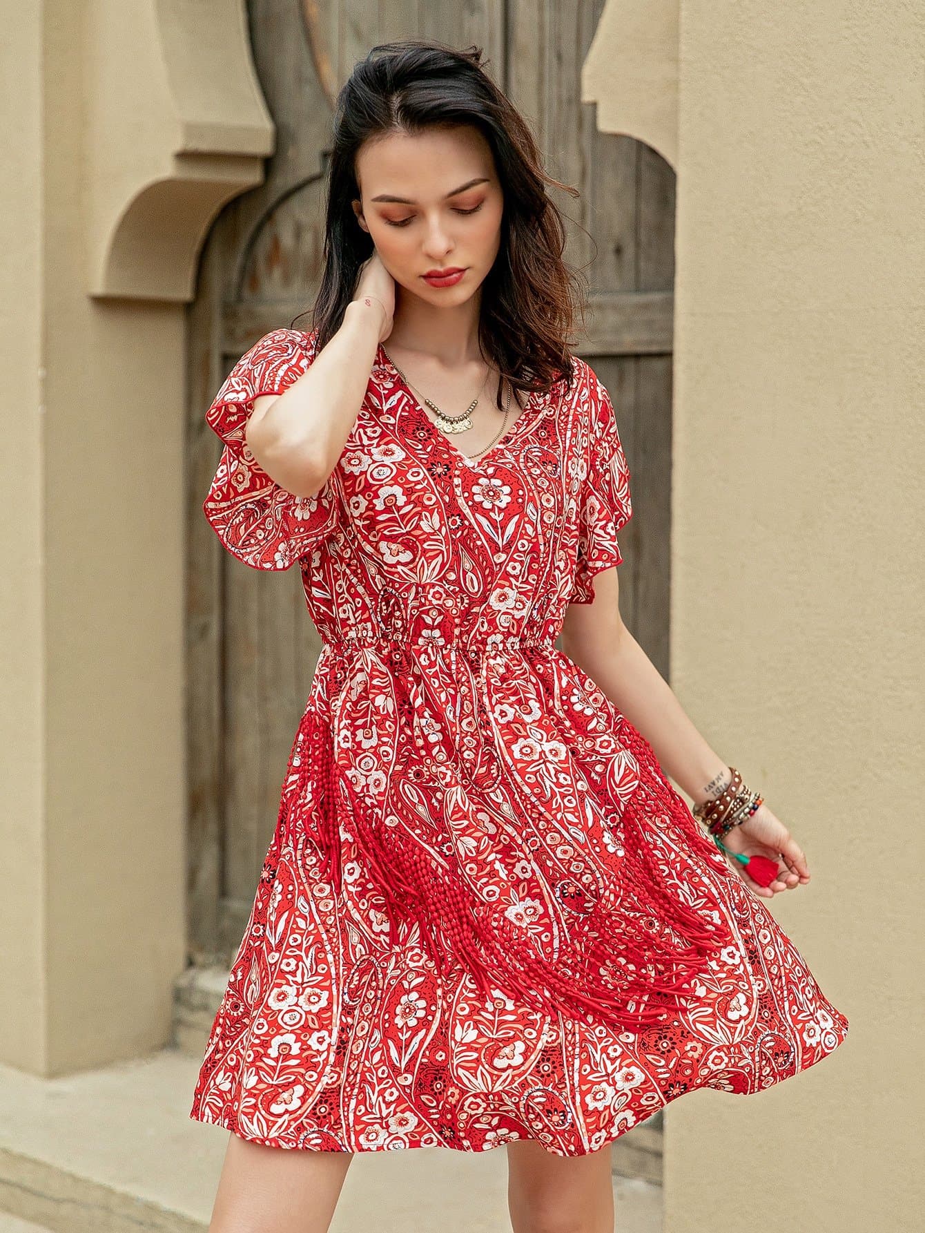 Red White V-Neck Butterfly Sleeve Floral High Waist Dress