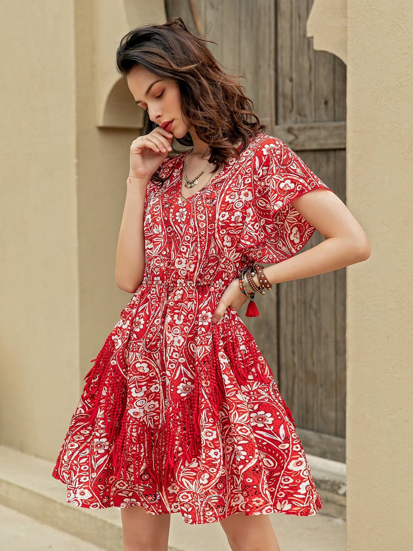 Red White V-Neck Butterfly Sleeve Floral High Waist Dress