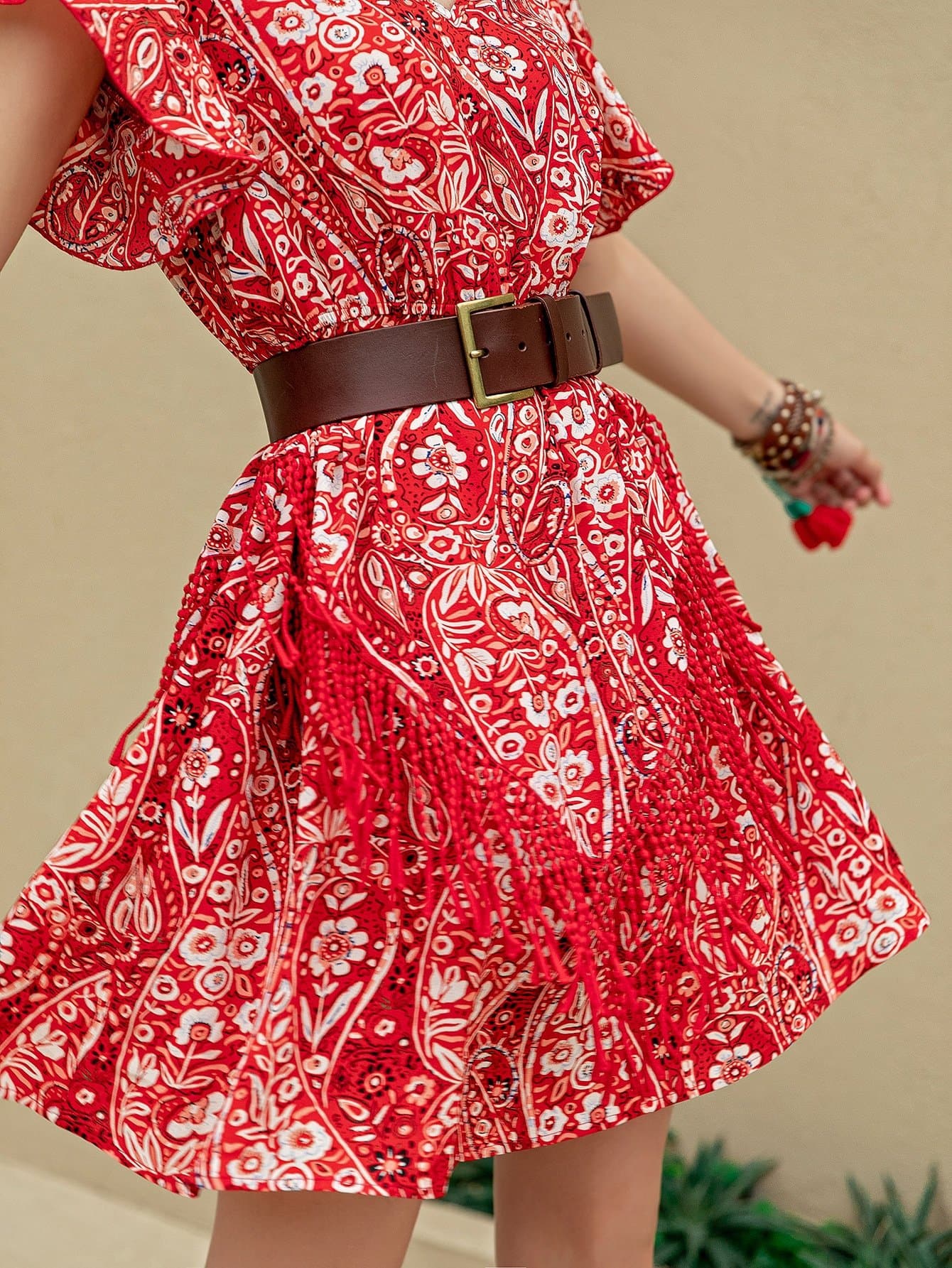 Red White V-Neck Butterfly Sleeve Floral High Waist Dress