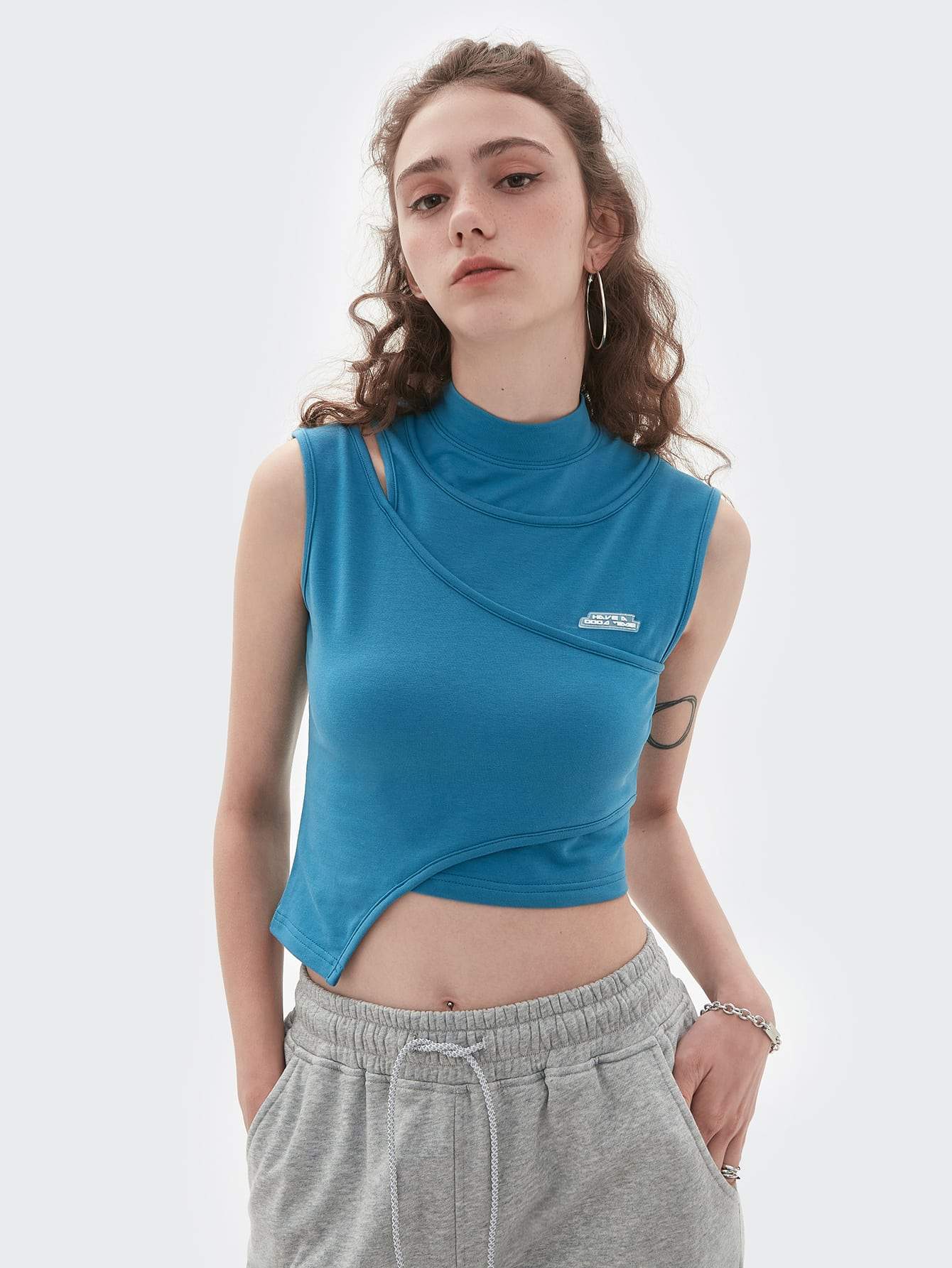 Stand Collar Patched Detail Slim Fit Tank Top