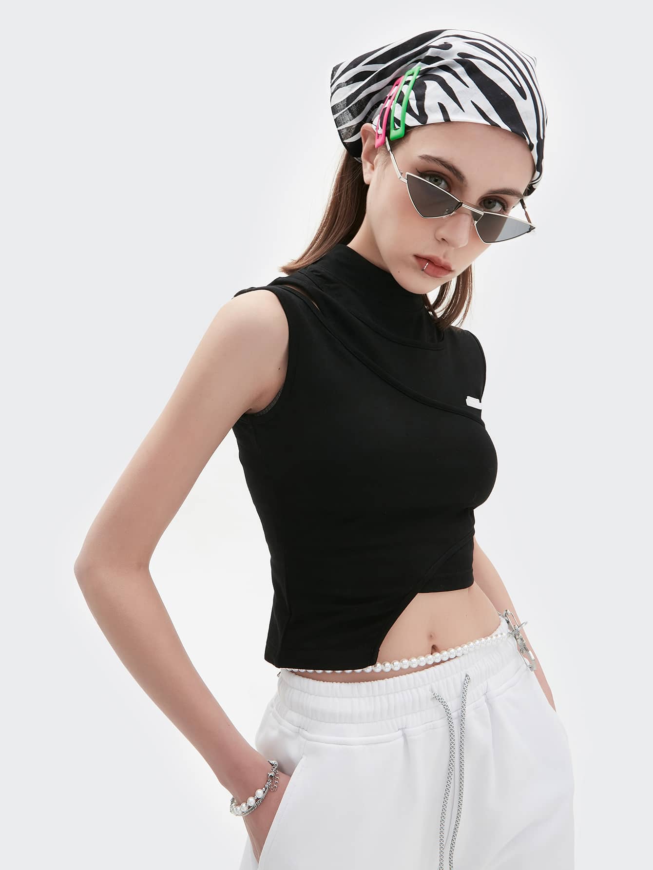 Stand Collar Patched Detail Slim Fit Tank Top