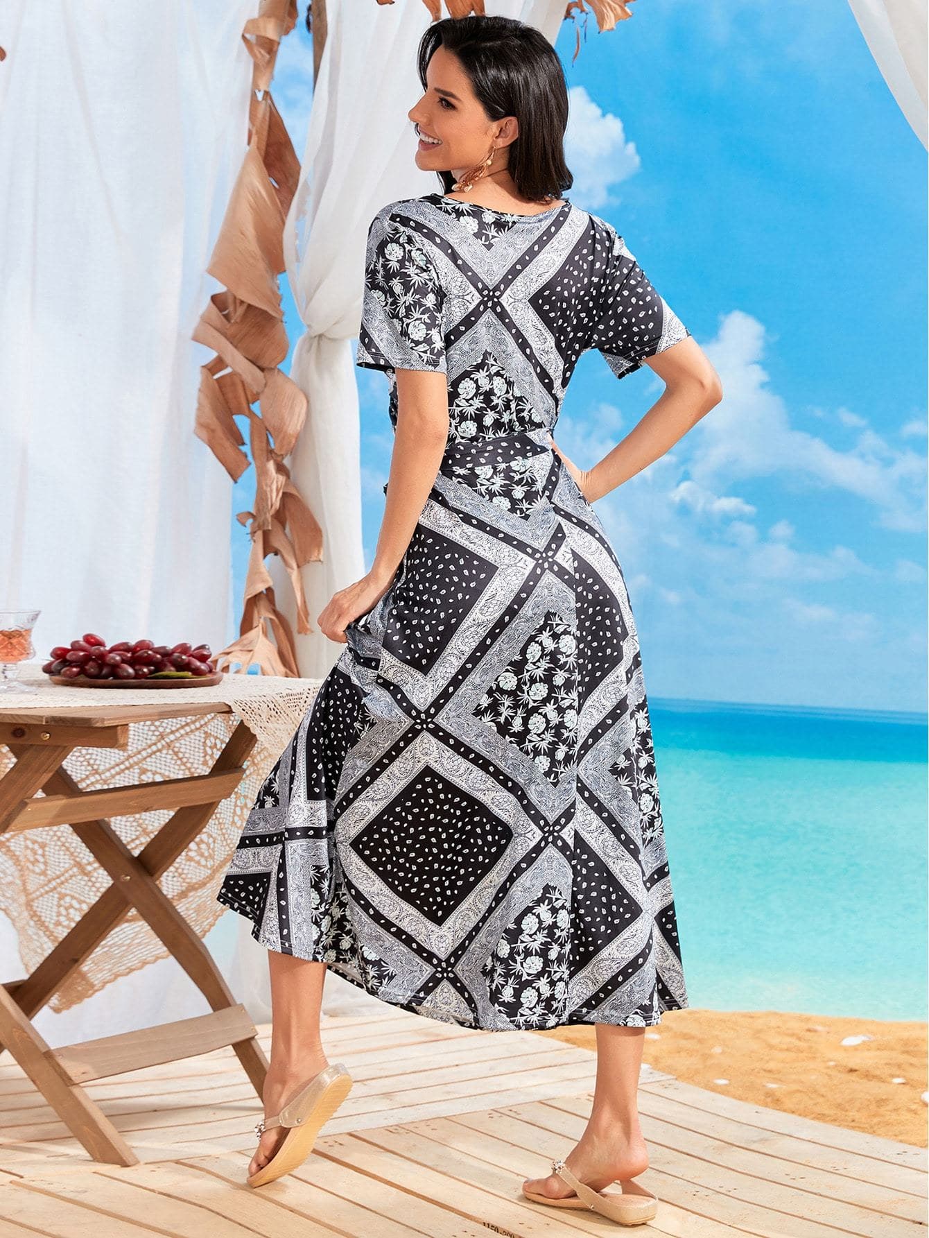 Black White V-Neck Wrap Scarf Print Belted Dress