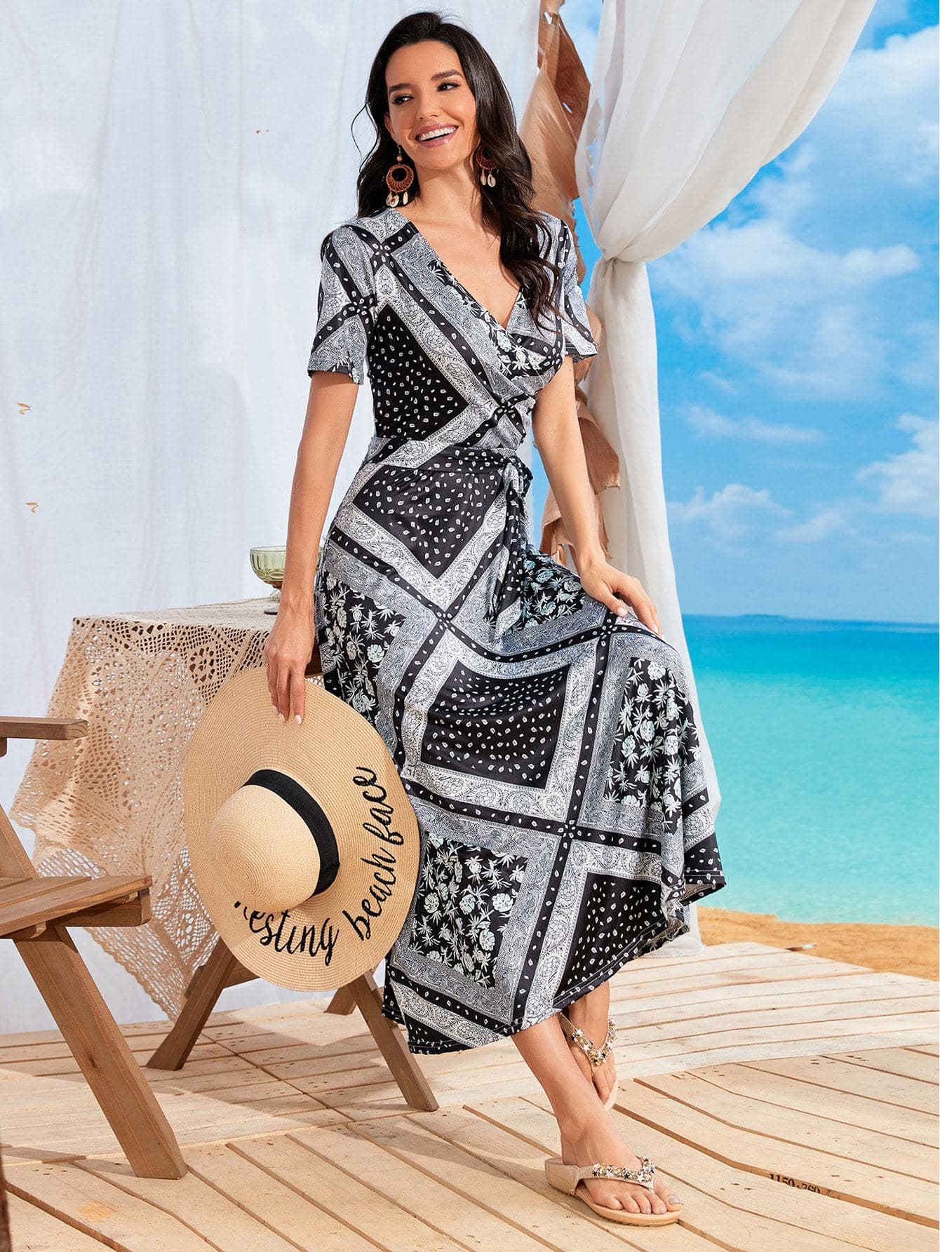 Black White V-Neck Wrap Scarf Print Belted Dress