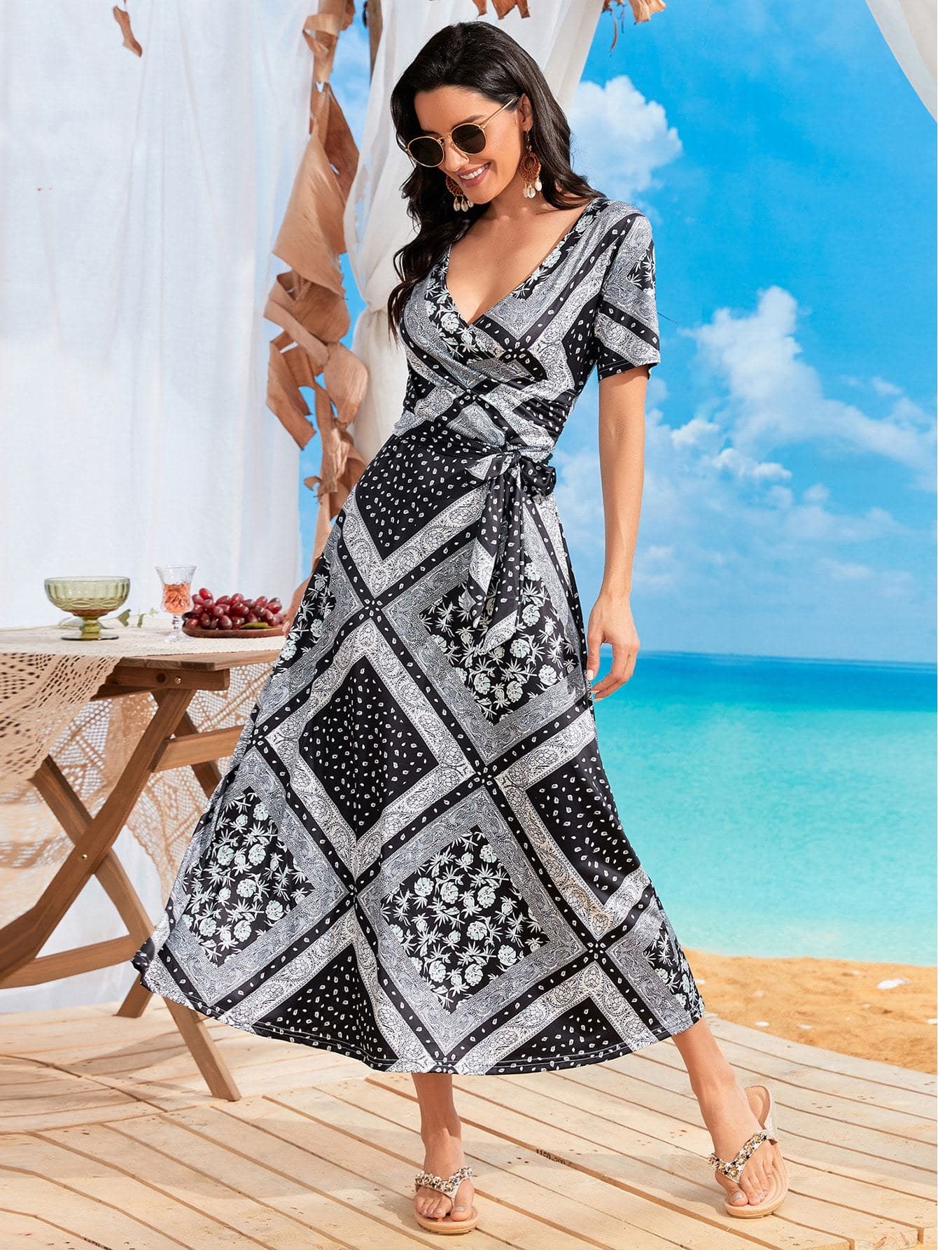 Black White V-Neck Wrap Scarf Print Belted Dress
