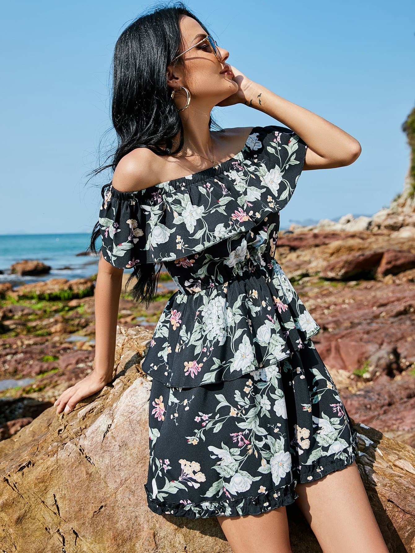 Black Off Shoulder Floral Print Ruffle Trim Dress