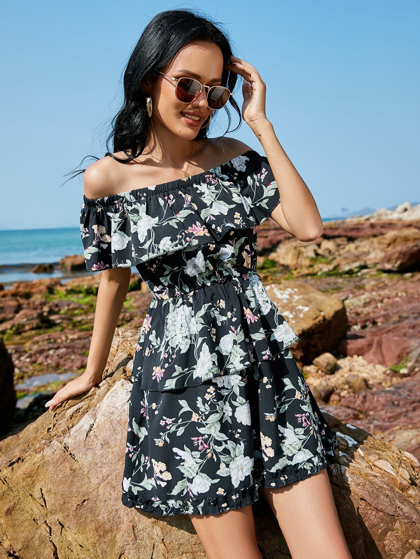 Black Off Shoulder Floral Print Ruffle Trim Dress