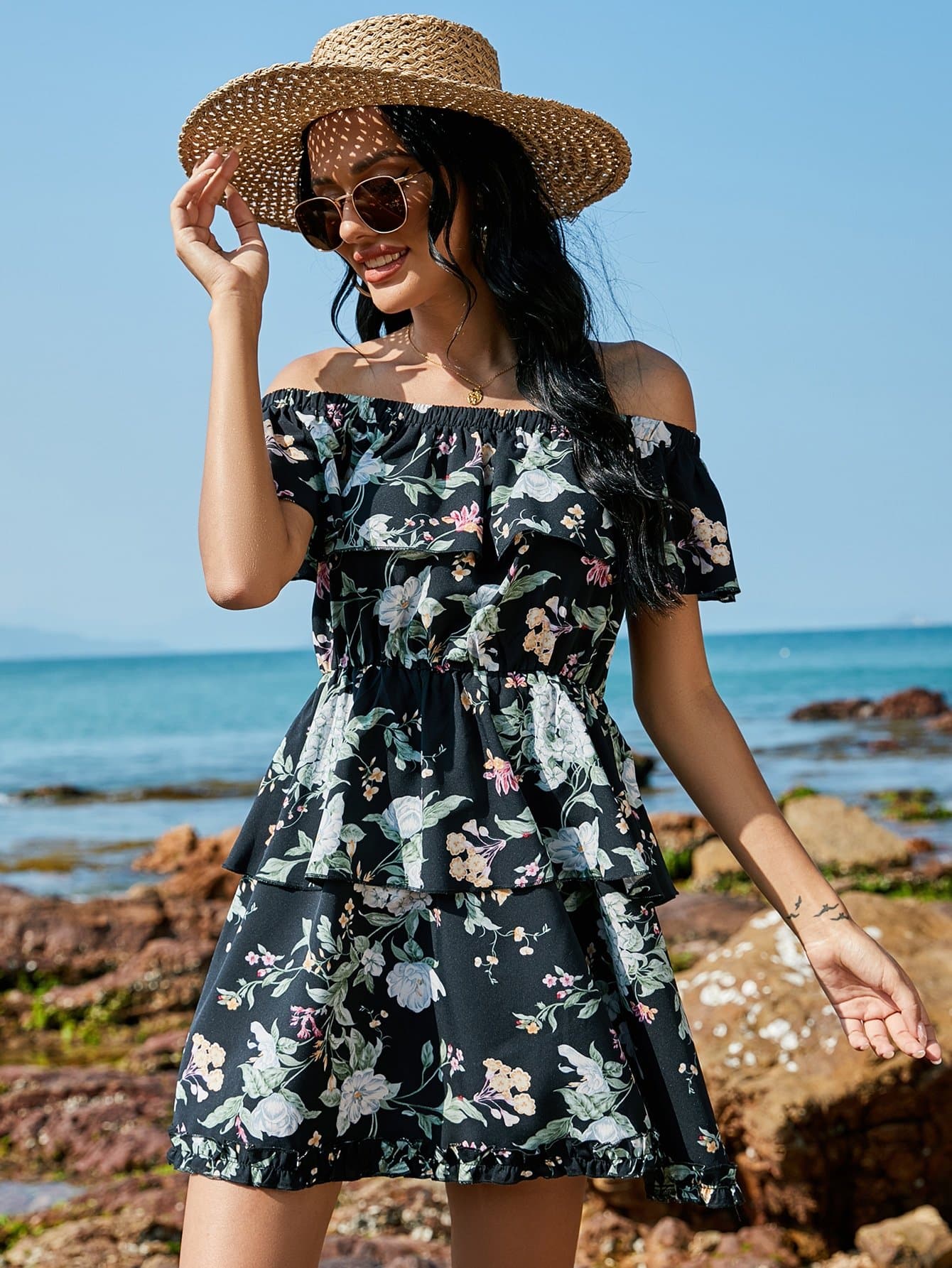 Black Off Shoulder Floral Print Ruffle Trim Dress