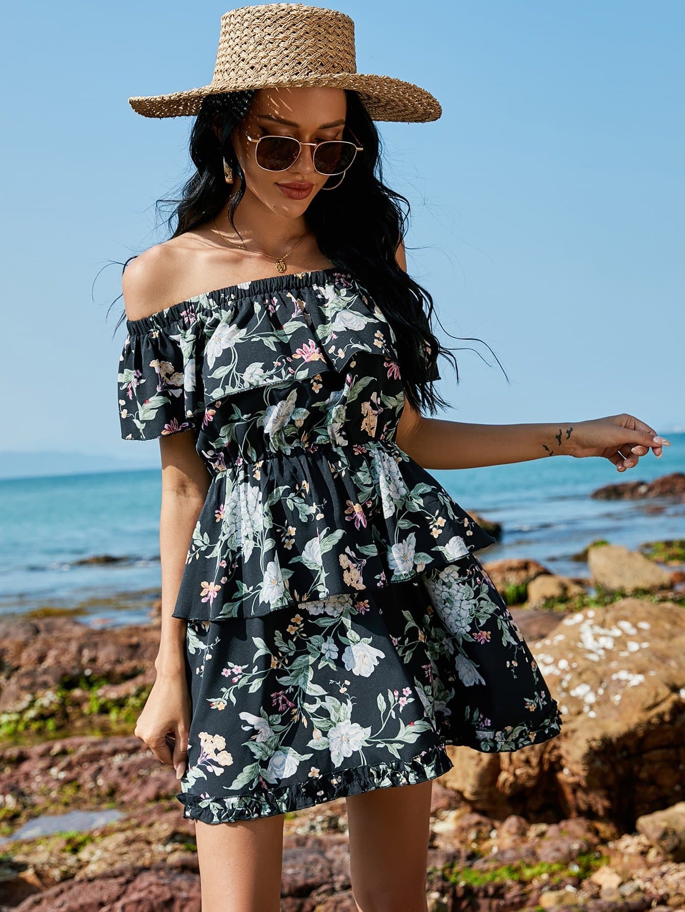 Black Off Shoulder Floral Print Ruffle Trim Dress