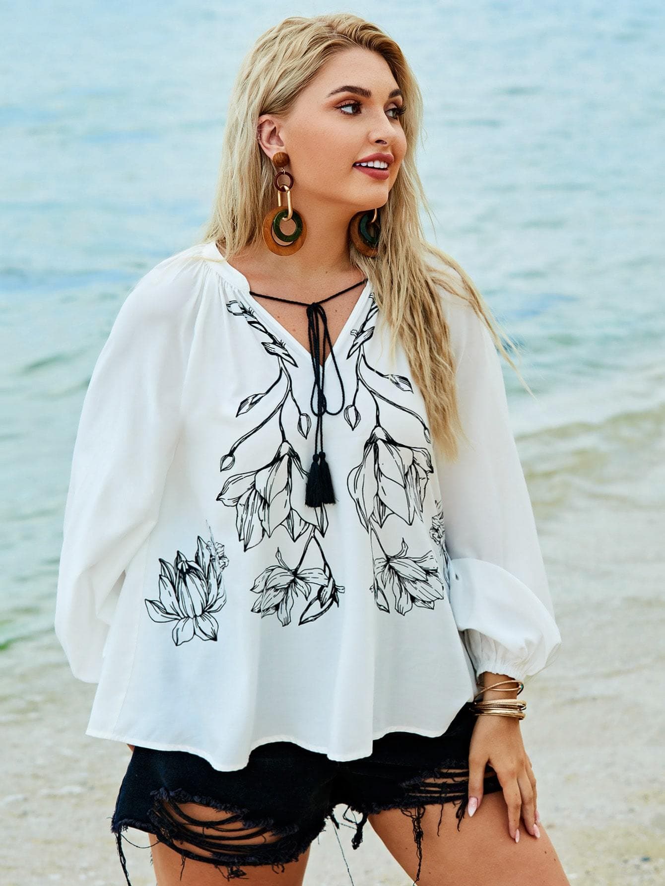 Plus White Boho Tie Neck Bishop Sleeve Floral Top