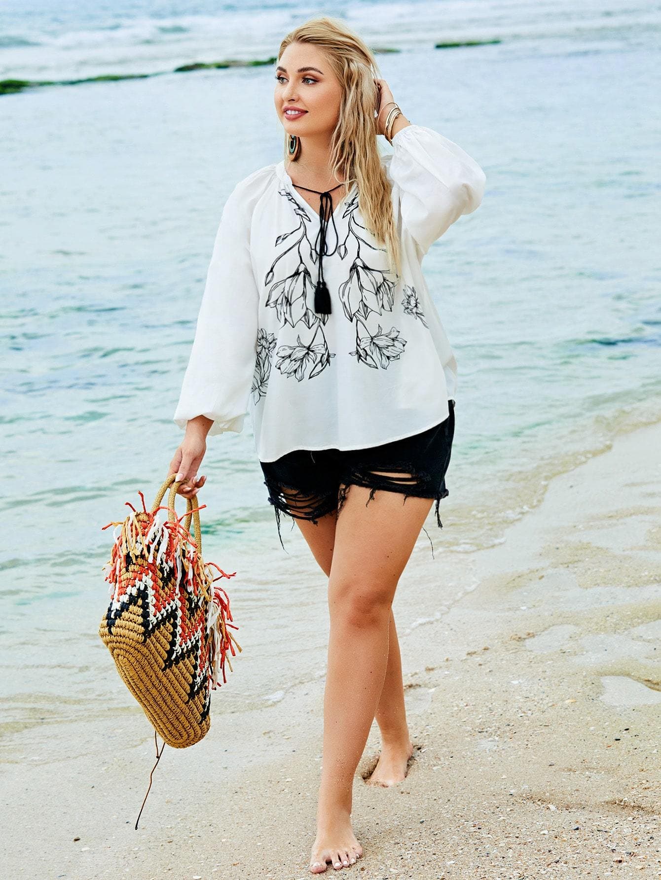 Plus White Boho Tie Neck Bishop Sleeve Floral Top