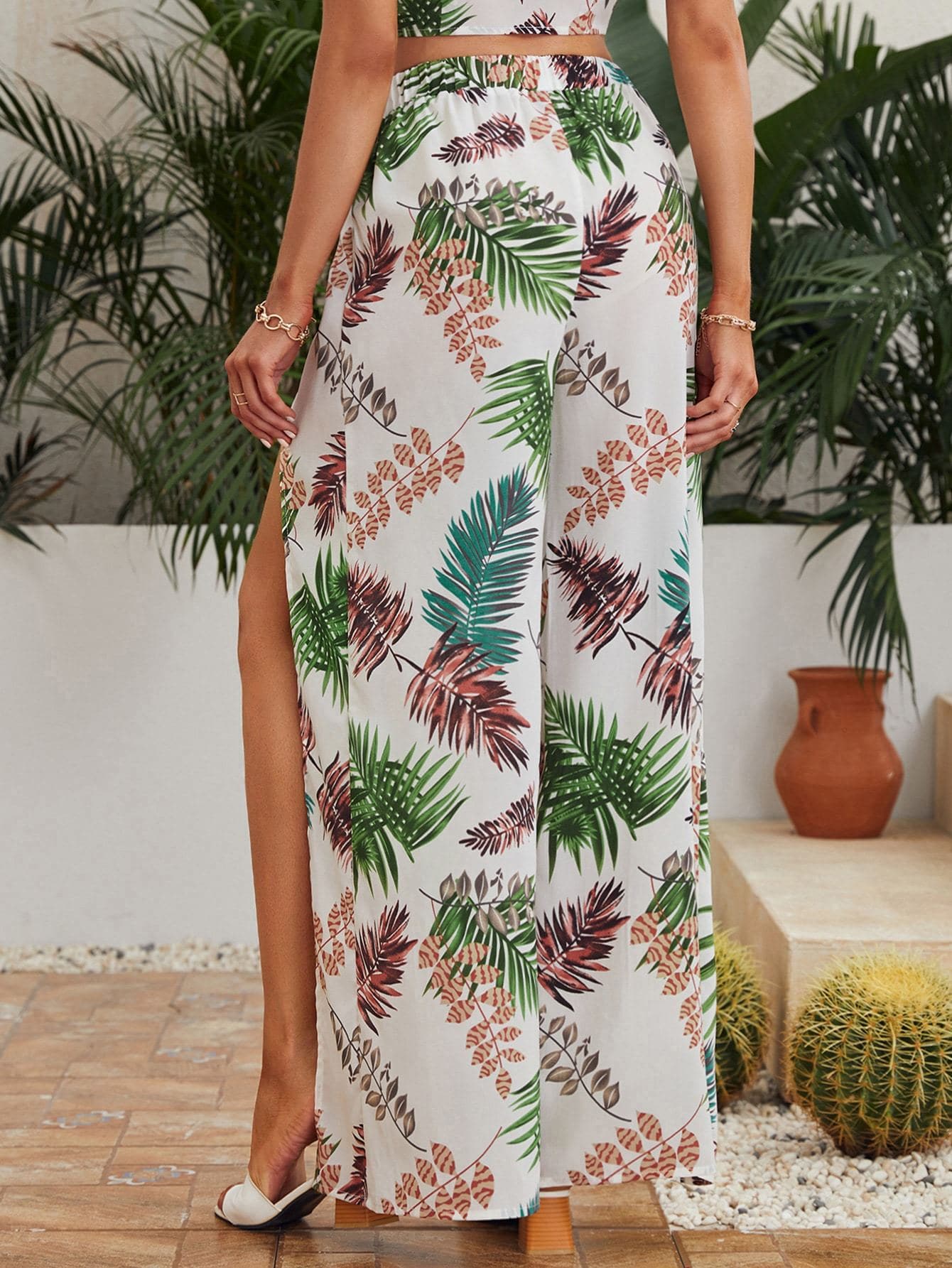 Tropical Print Wrap Split Palazzo Pants