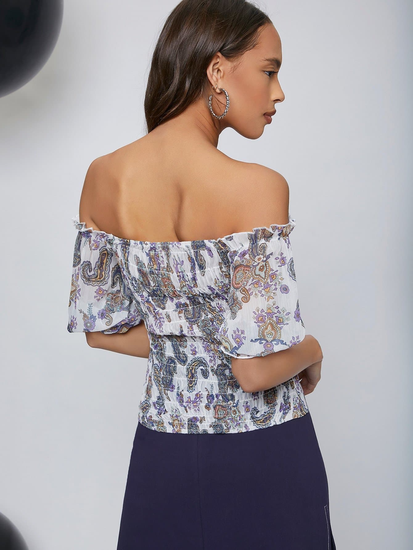 Bishop Sleeve Paisley Print Off Shoulder Shirred Back Top