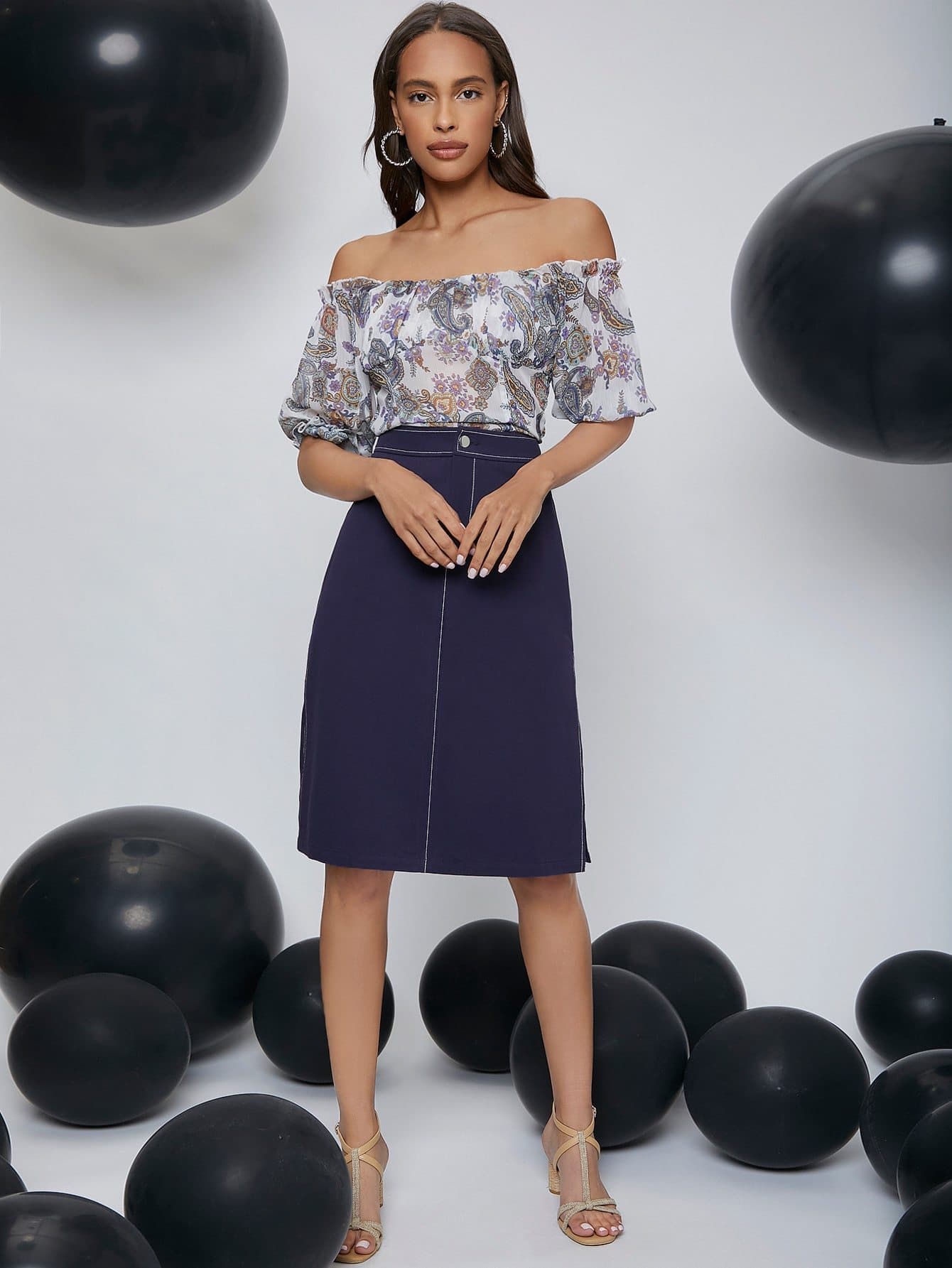 Bishop Sleeve Paisley Print Off Shoulder Shirred Back Top