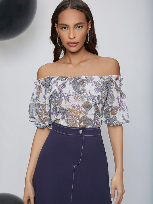 Bishop Sleeve Paisley Print Off Shoulder Shirred Back Top