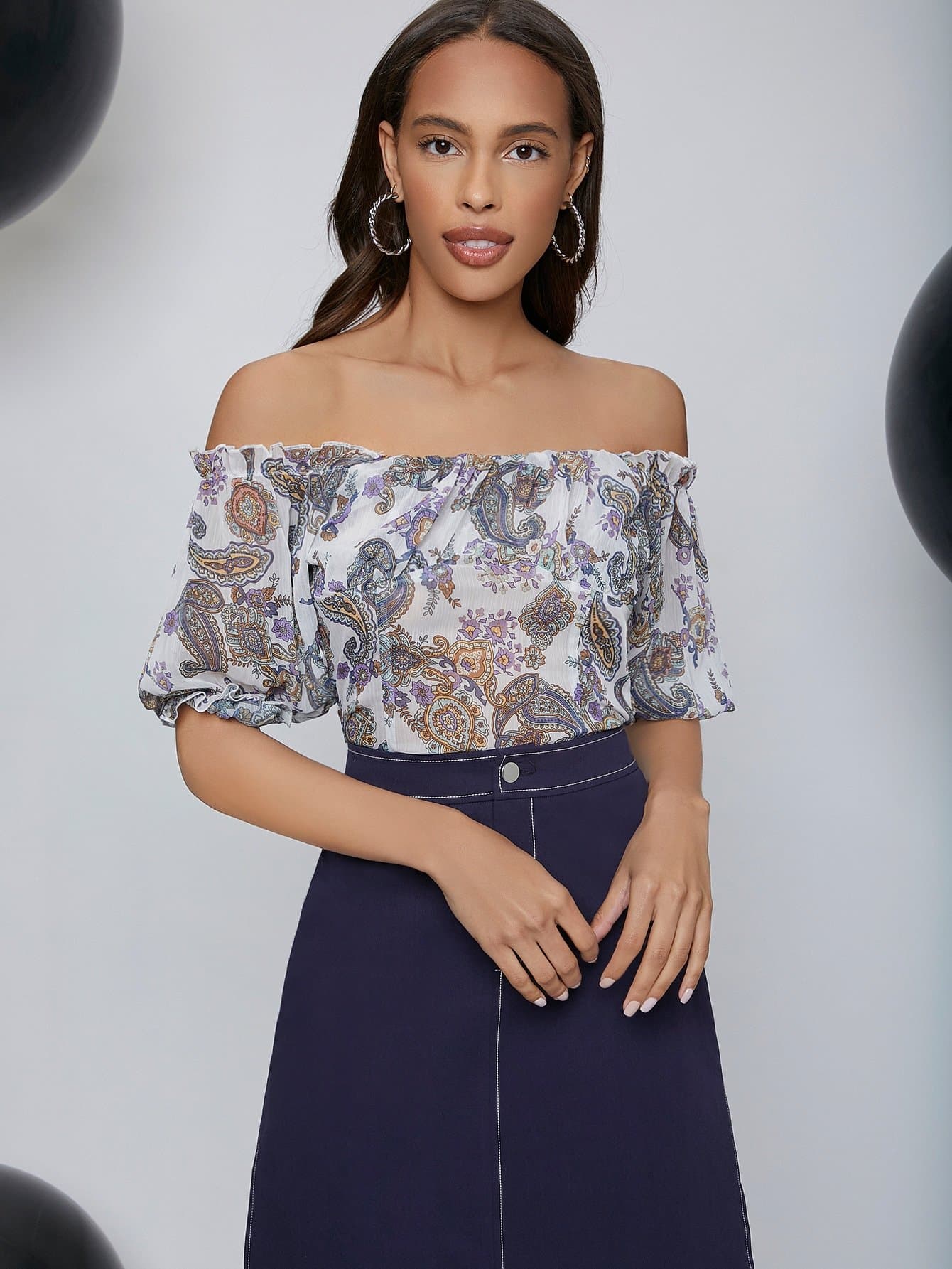 Bishop Sleeve Paisley Print Off Shoulder Shirred Back Top