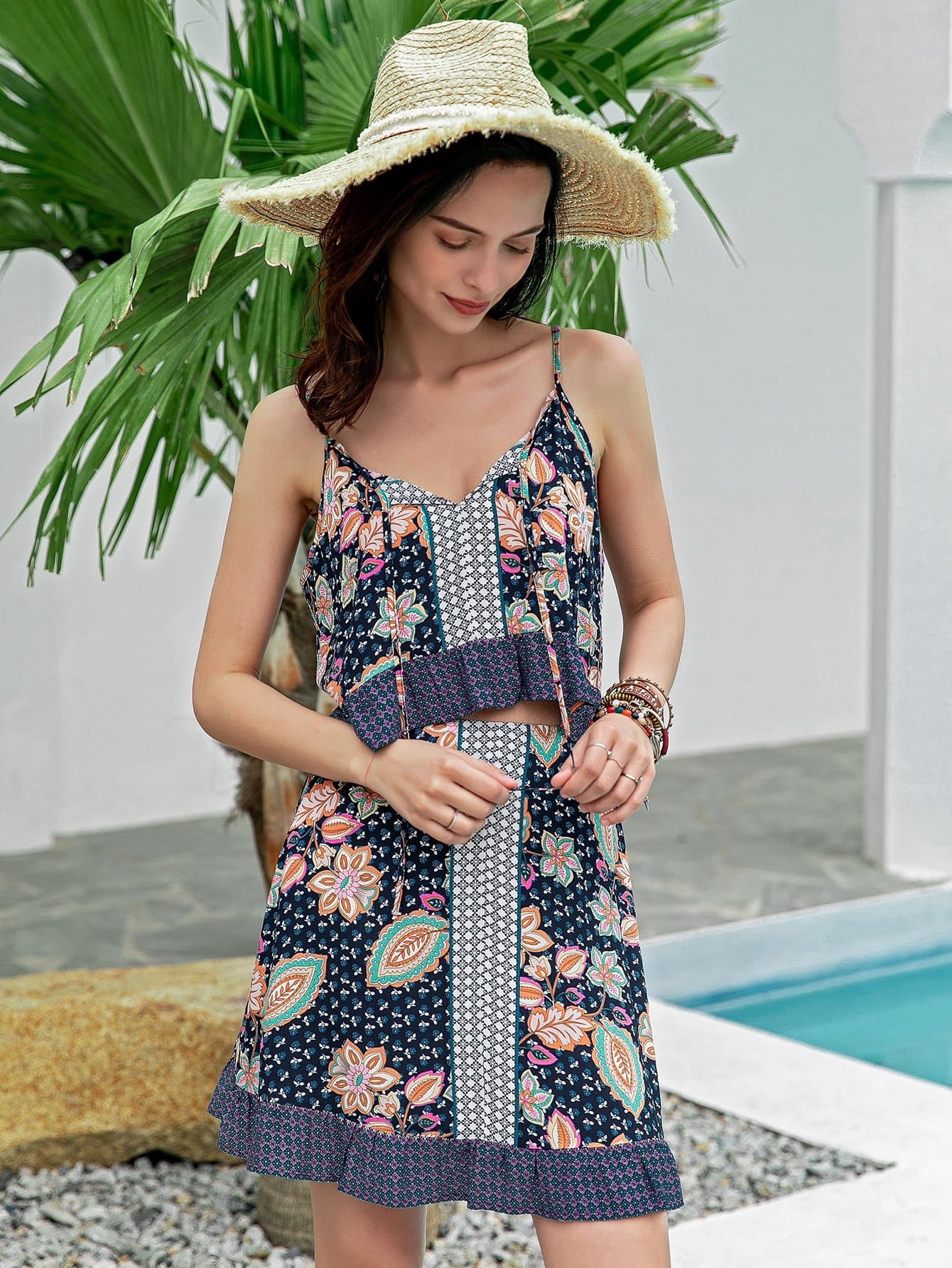 Spaghetti Strap Sleeveless Floral Ruffle Hem Cami Top and Skirt Set